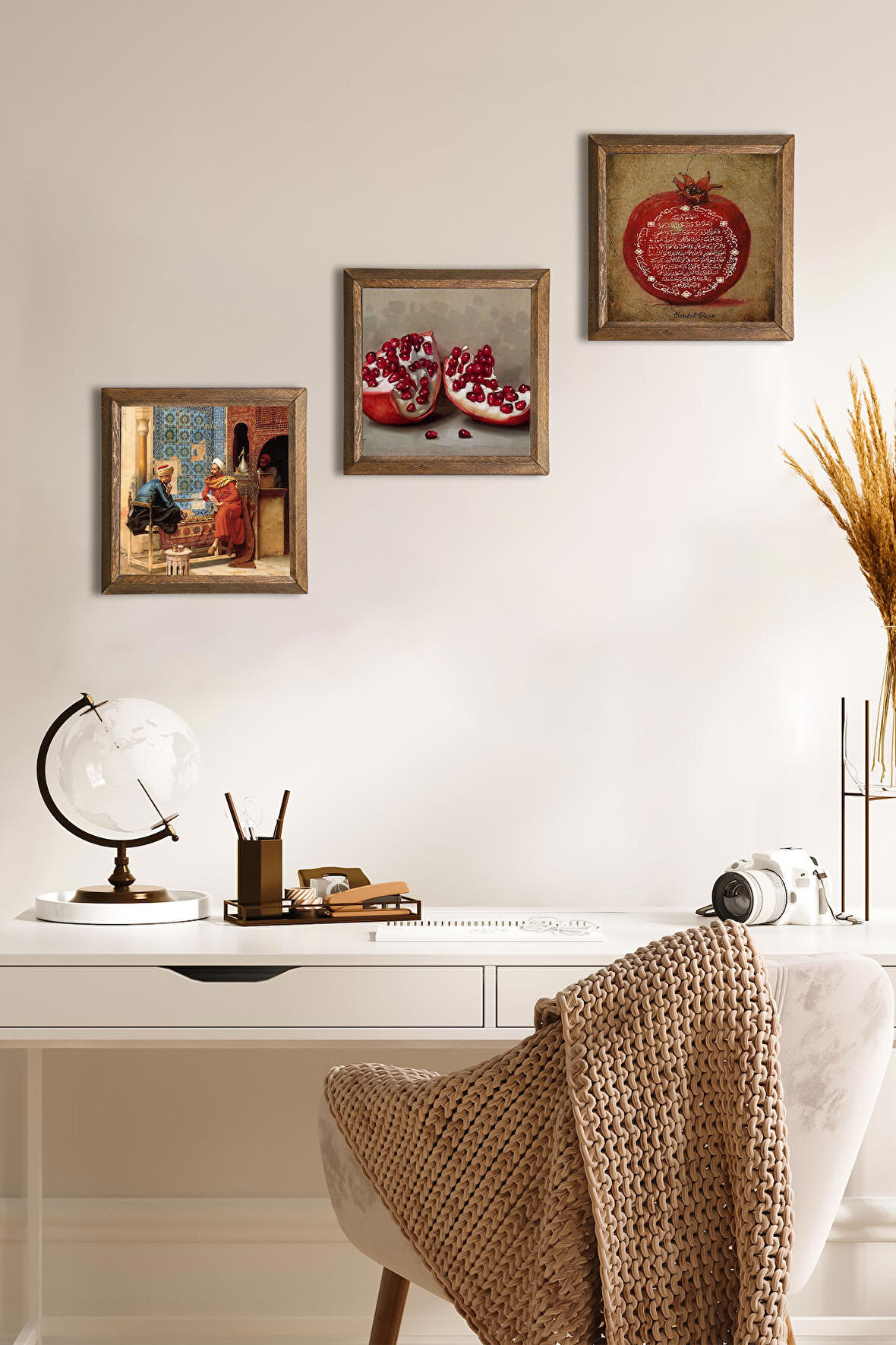 Bereket Duası, Satranç Oyunu, Nar Taş Duvar Tablosu Ahşap Çerçeveli Duvar Dekoru 3 Parça Tablo Seti Wall Art