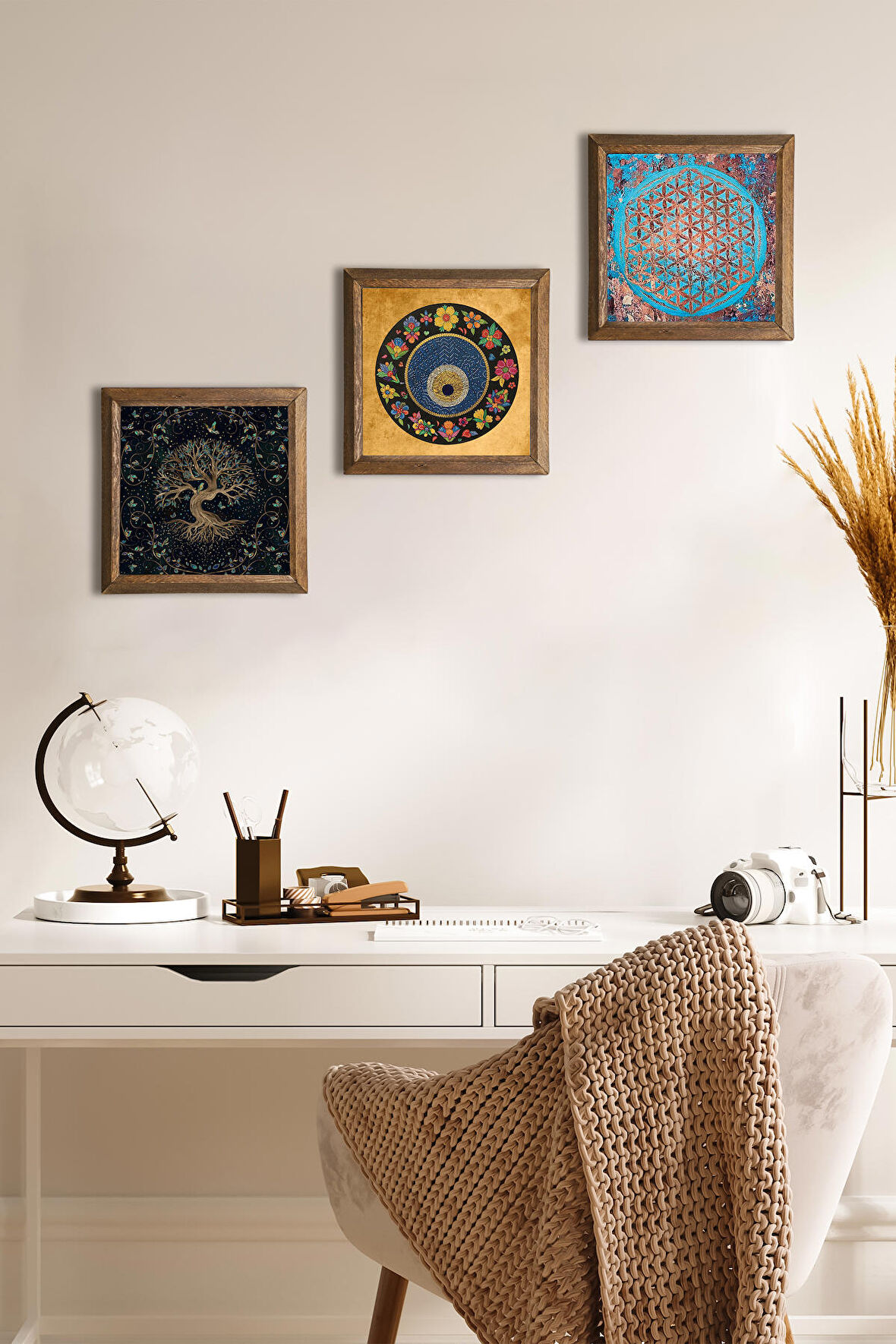 Yaşam Çiçeği, Hayat Ağacı, Nazar Taş Duvar Tablosu Ahşap Çerçeveli Duvar Dekoru 3 Parça Tablo Seti Wall Art