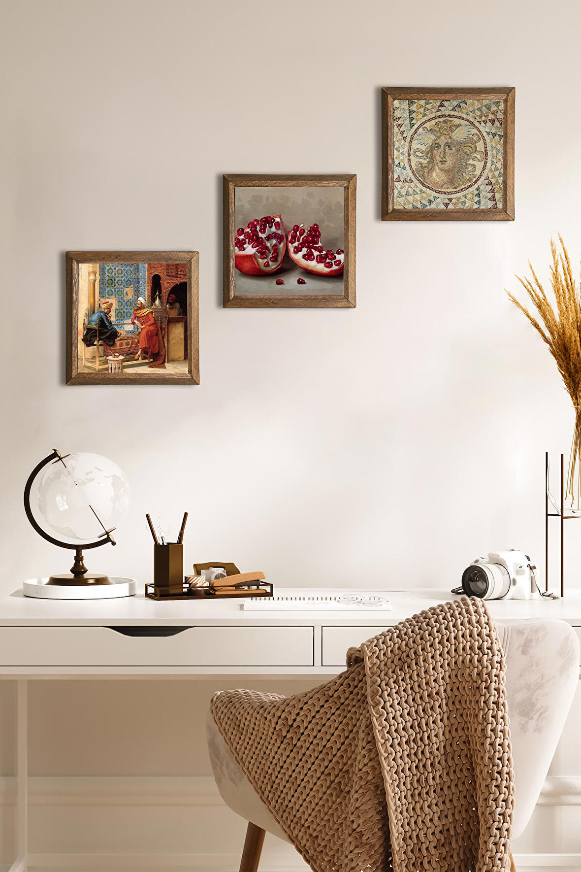 Mozaik Serisi, Satranç Oyunu, Nar Taş Duvar Tablosu Ahşap Çerçeveli Duvar Dekoru 3 Parça Tablo Seti Wall Art