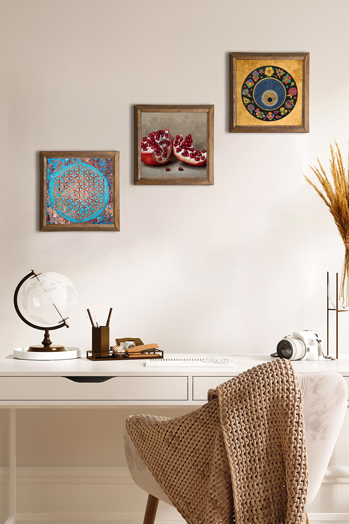 Yaşam Çiçeği, Nazar Boncuğu, Nar Taş Duvar Tablosu Ahşap Çerçeveli Duvar Dekoru 3 Parça Tablo Seti Wall Art