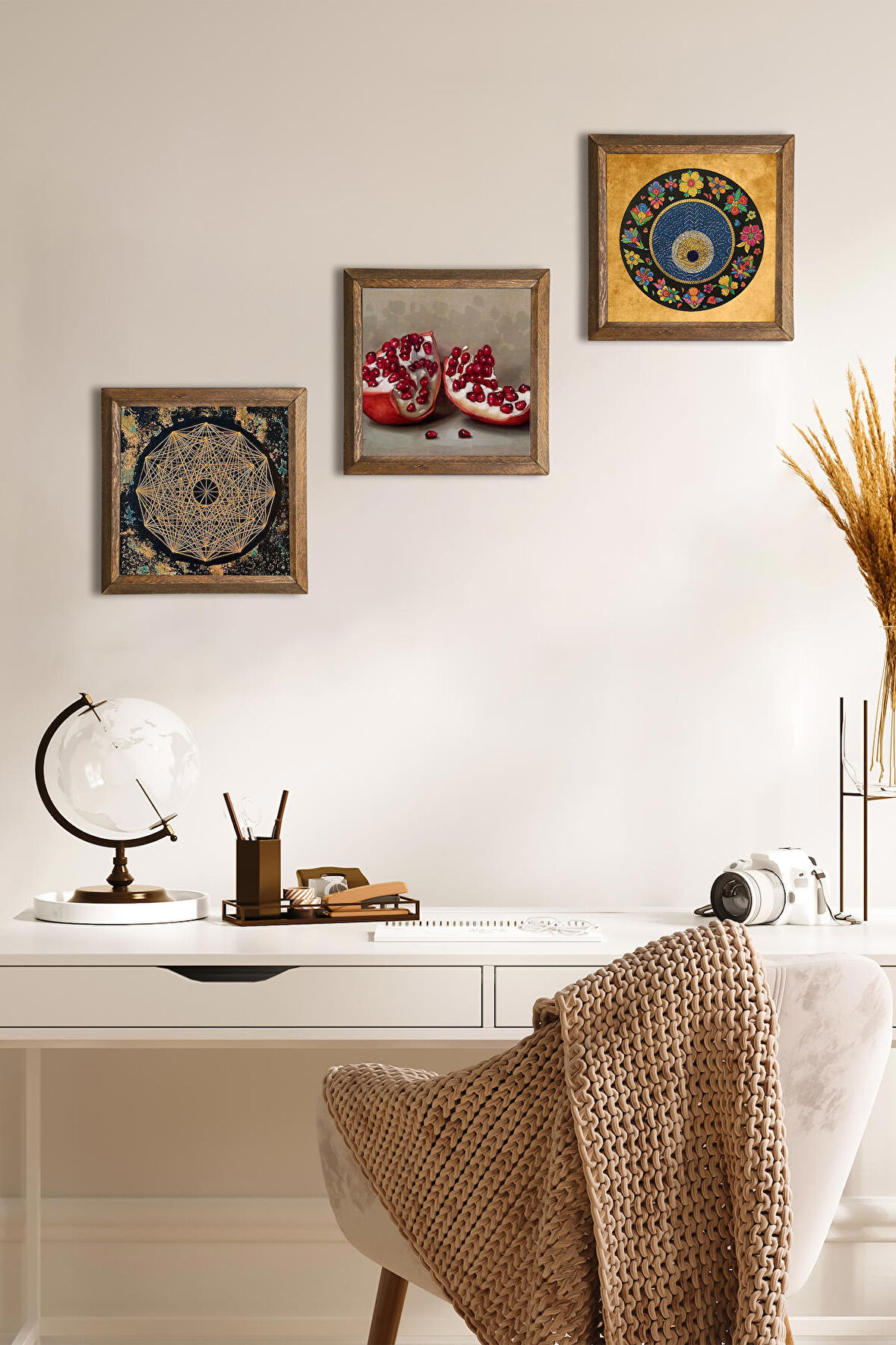 Sri Yantra, Nazar Boncuğu, Nar Taş Duvar Tablosu Ahşap Çerçeveli Duvar Dekoru 3 Parça Tablo Seti Wall Art