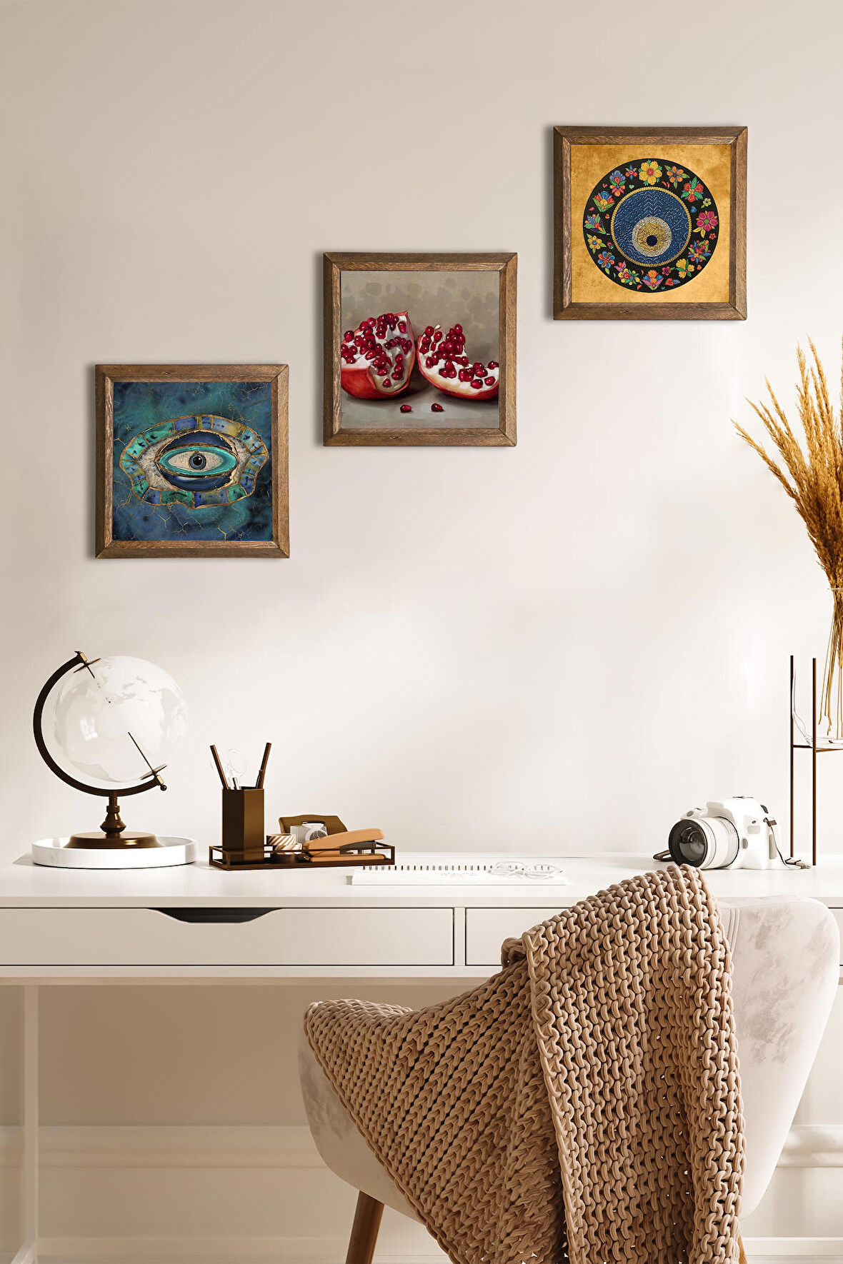 Nazar, Nar Taş Duvar Tablosu Ahşap Çerçeveli Duvar Dekoru 3 Parça Tablo Seti Wall Art