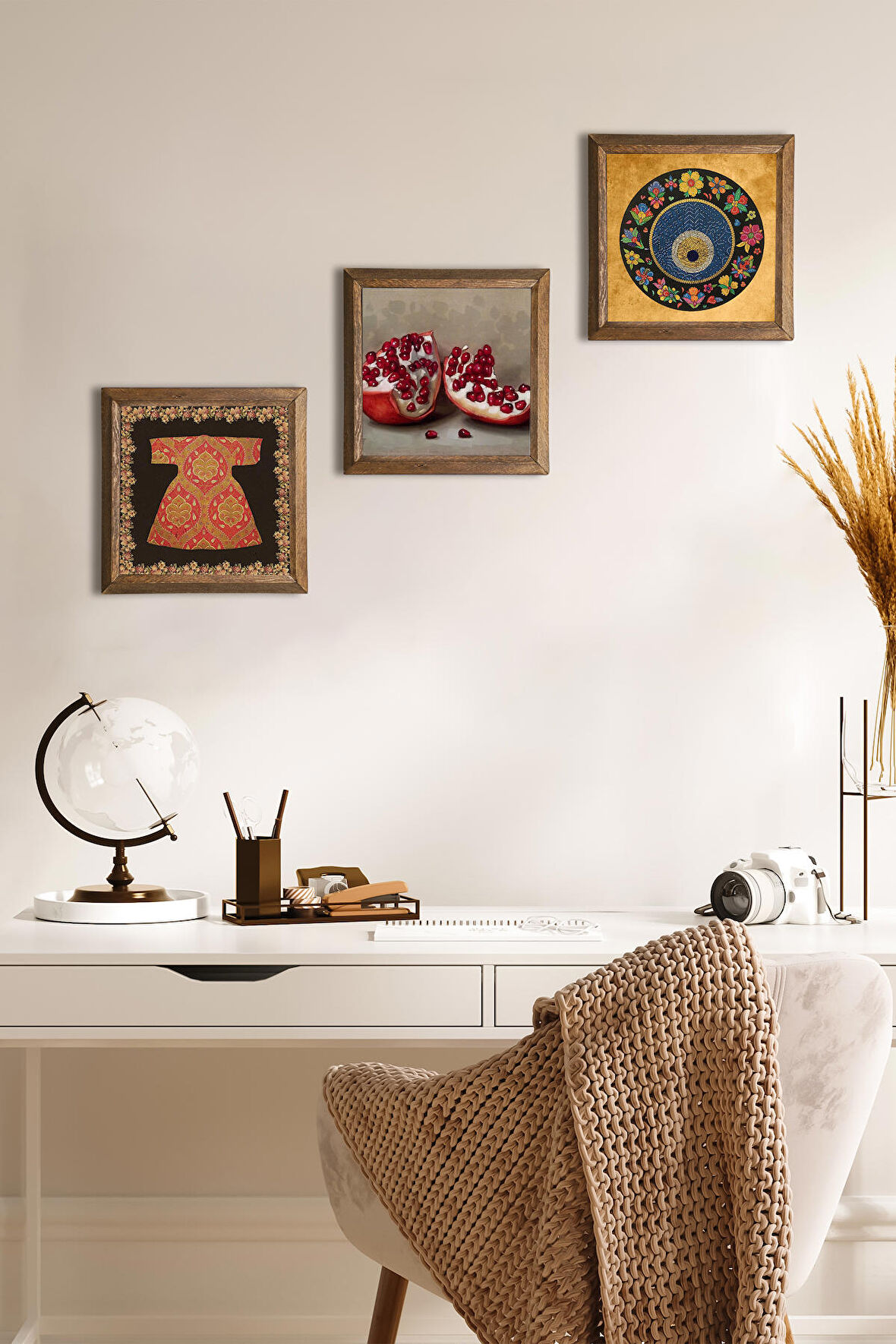 Hırka-i Şerif, Nazar, Nar Taş Duvar Tablosu Ahşap Çerçeveli Duvar Dekoru 3 Parça Tablo Seti Wall Art