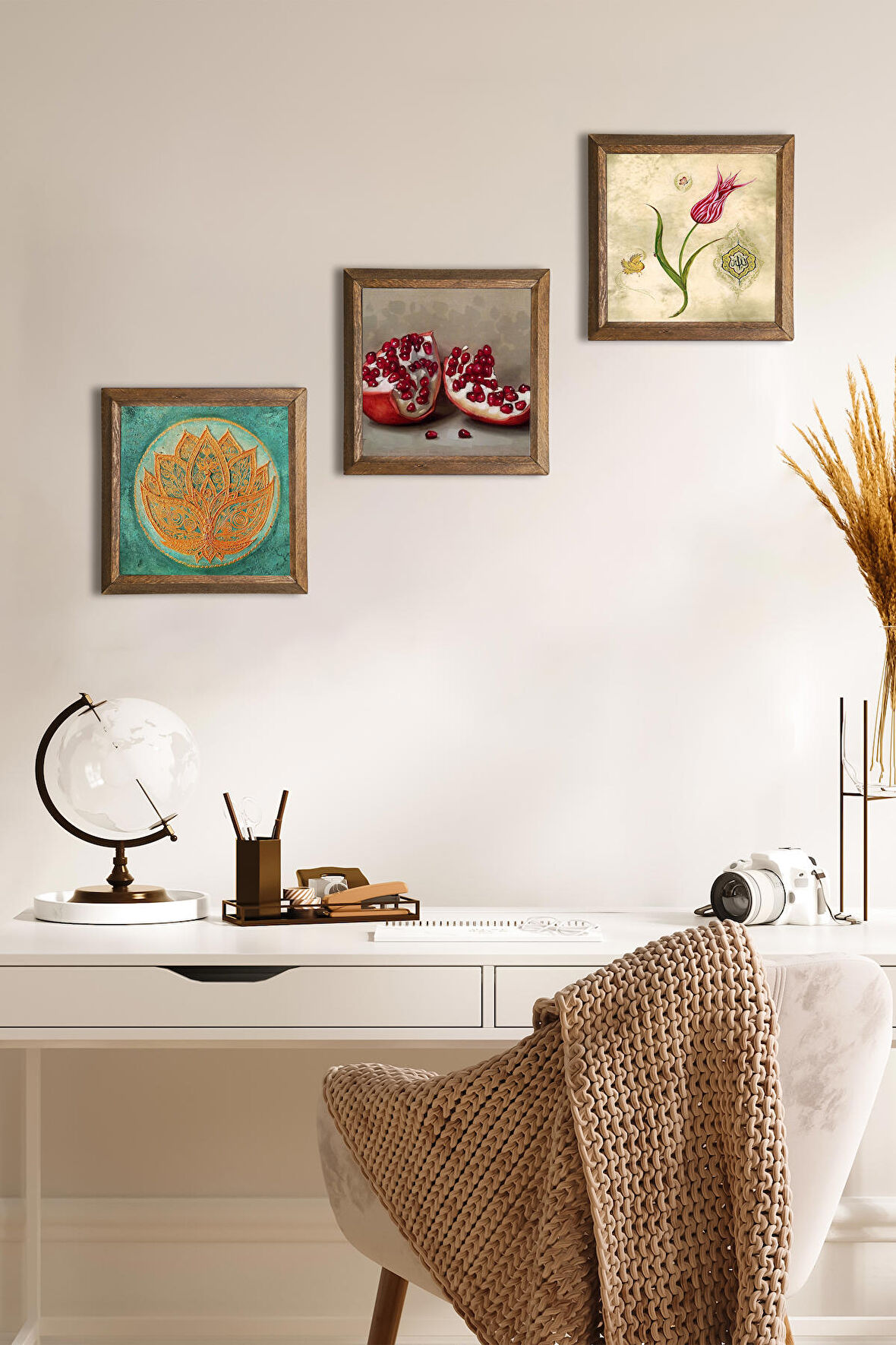 Lotus Çiçeği, Lale Ebru Sanatı, Nar Taş Duvar Tablosu Ahşap Çerçeveli Duvar Dekoru 3 Parça Tablo Seti Wall Art