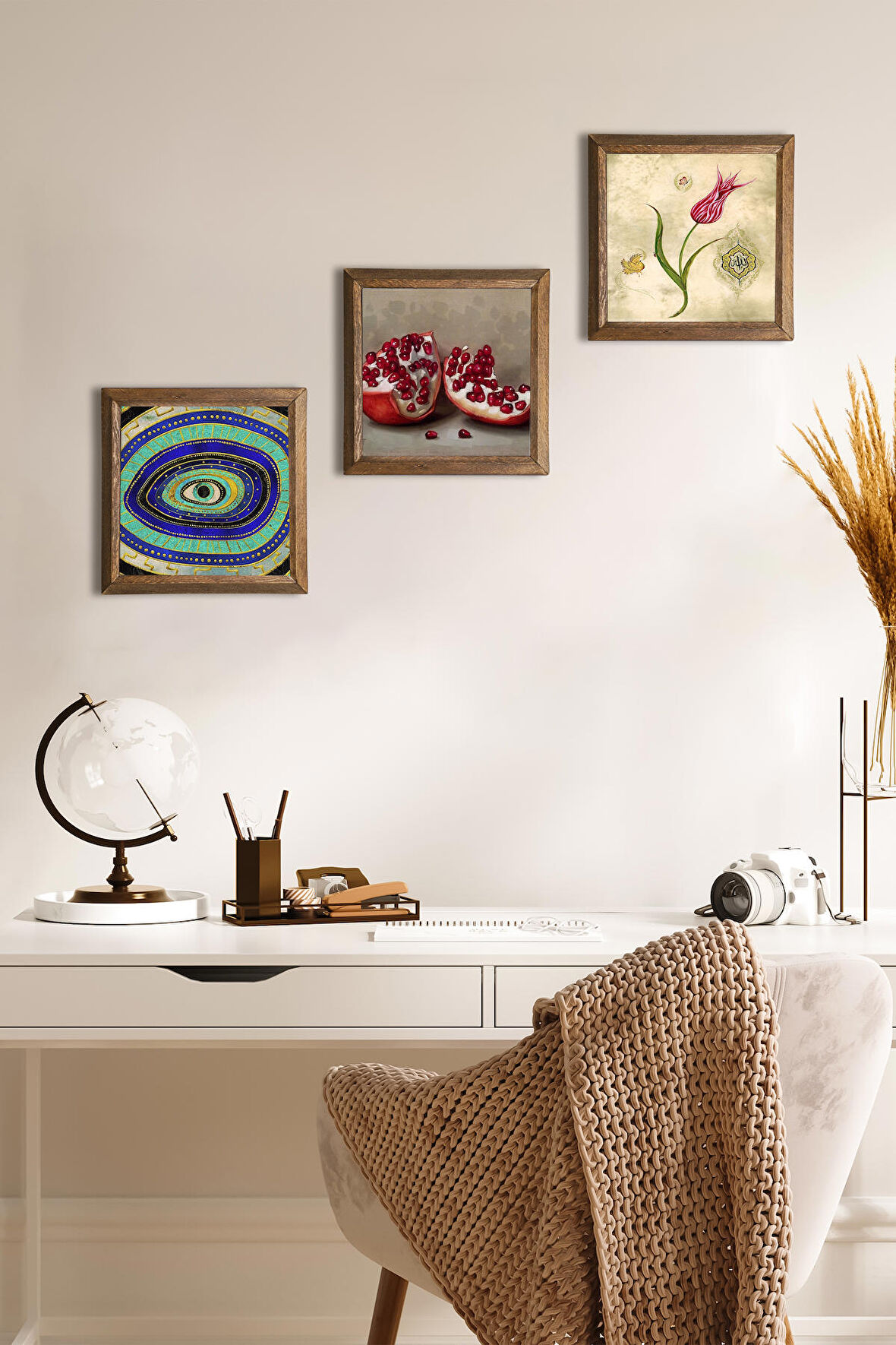 Nazar, Lale Ebru Sanatı, Nar Taş Duvar Tablosu Ahşap Çerçeveli Duvar Dekoru 3 Parça Tablo Seti Wall Art