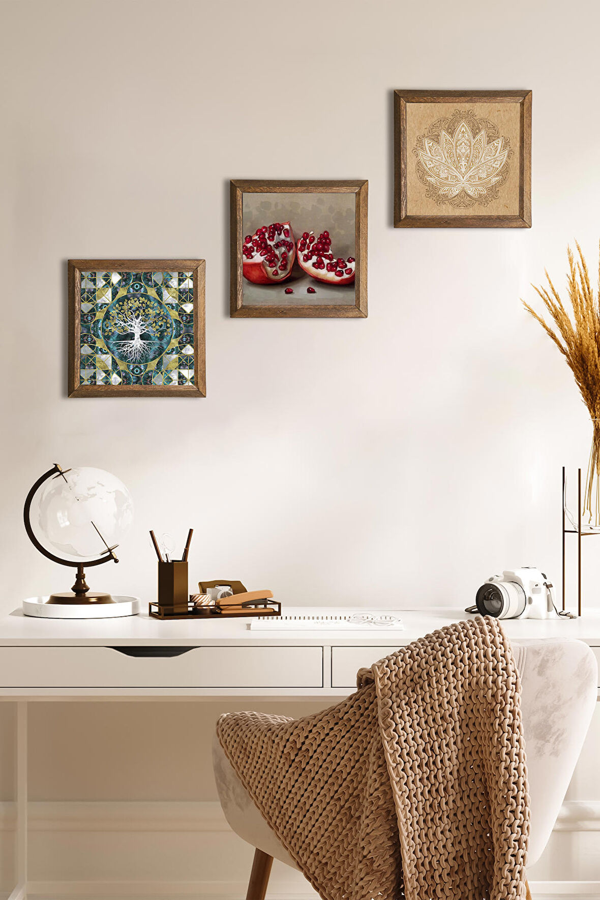 Hayat Ağacı, Lotus Çiçeği, Nar Taş Duvar Tablosu Ahşap Çerçeveli Duvar Dekoru 3 Parça Tablo Seti Wall Art
