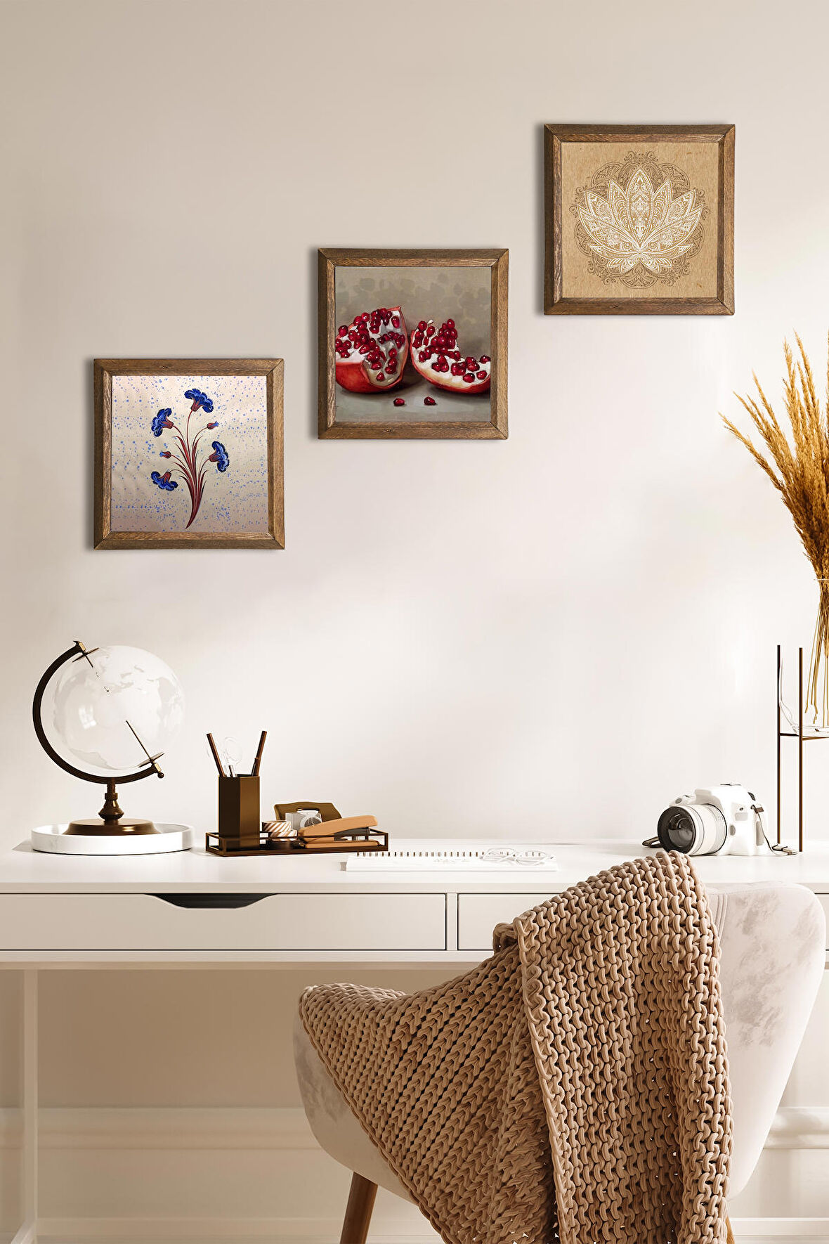 Ebru Sanatı, Lotus Çiçeği, Nar Taş Duvar Tablosu Ahşap Çerçeveli Duvar Dekoru 3 Parça Tablo Seti Wall Art