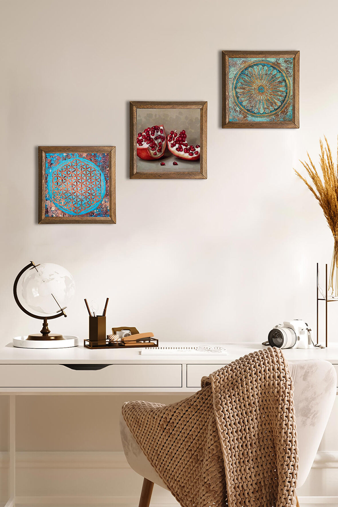 Yaşam Çiçeği, Nar Taş Duvar Tablosu Ahşap Çerçeveli Duvar Dekoru 3 Parça Tablo Seti Wall Art