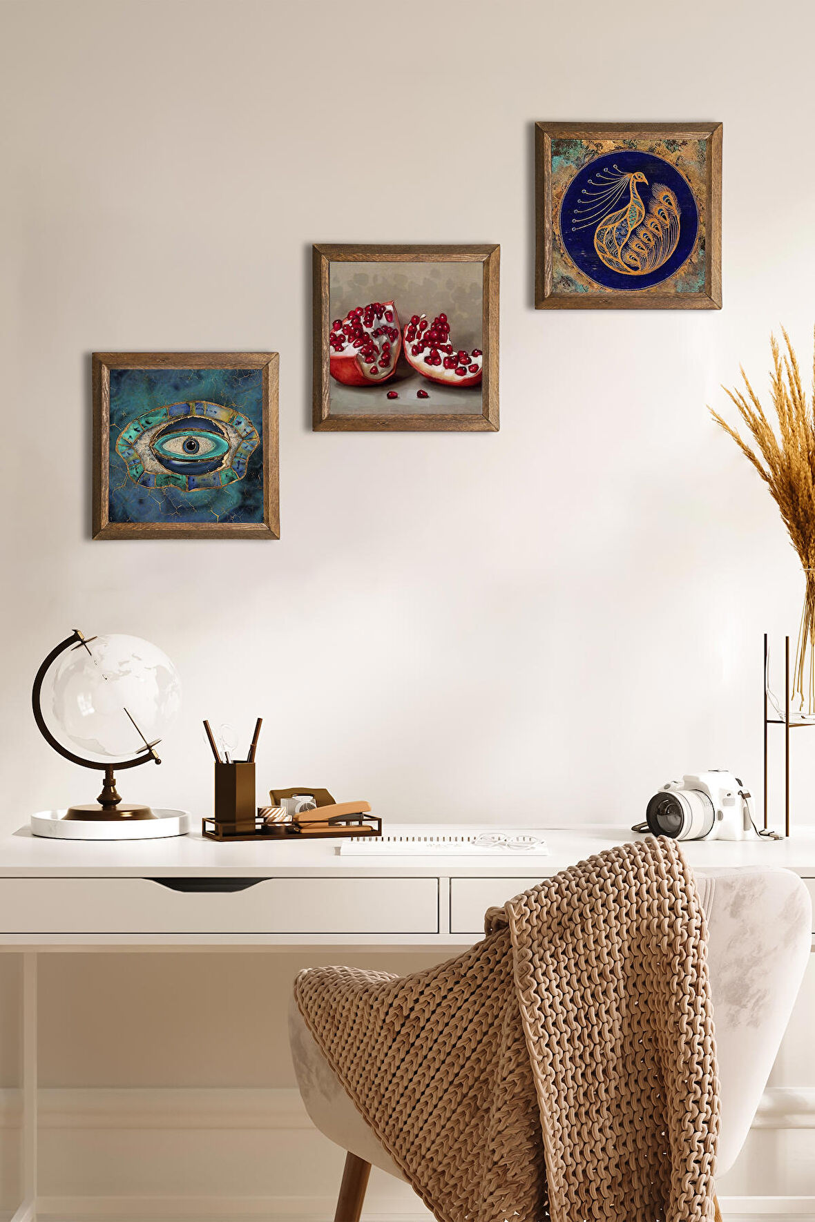 Nazar, Tavus Kuşu, Nar Taş Duvar Tablosu Ahşap Çerçeveli Duvar Dekoru 3 Parça Tablo Seti Wall Art