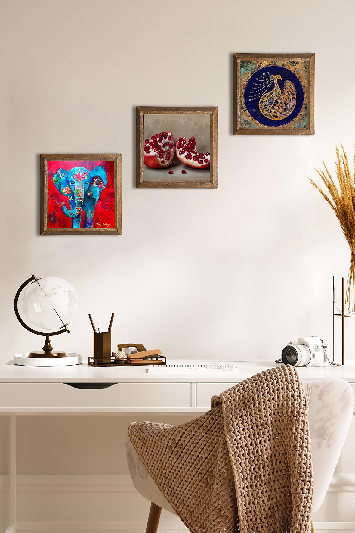 Fil, Tavus Kuşu, Nar Taş Duvar Tablosu Ahşap Çerçeveli Duvar Dekoru 3 Parça Tablo Seti Wall Art