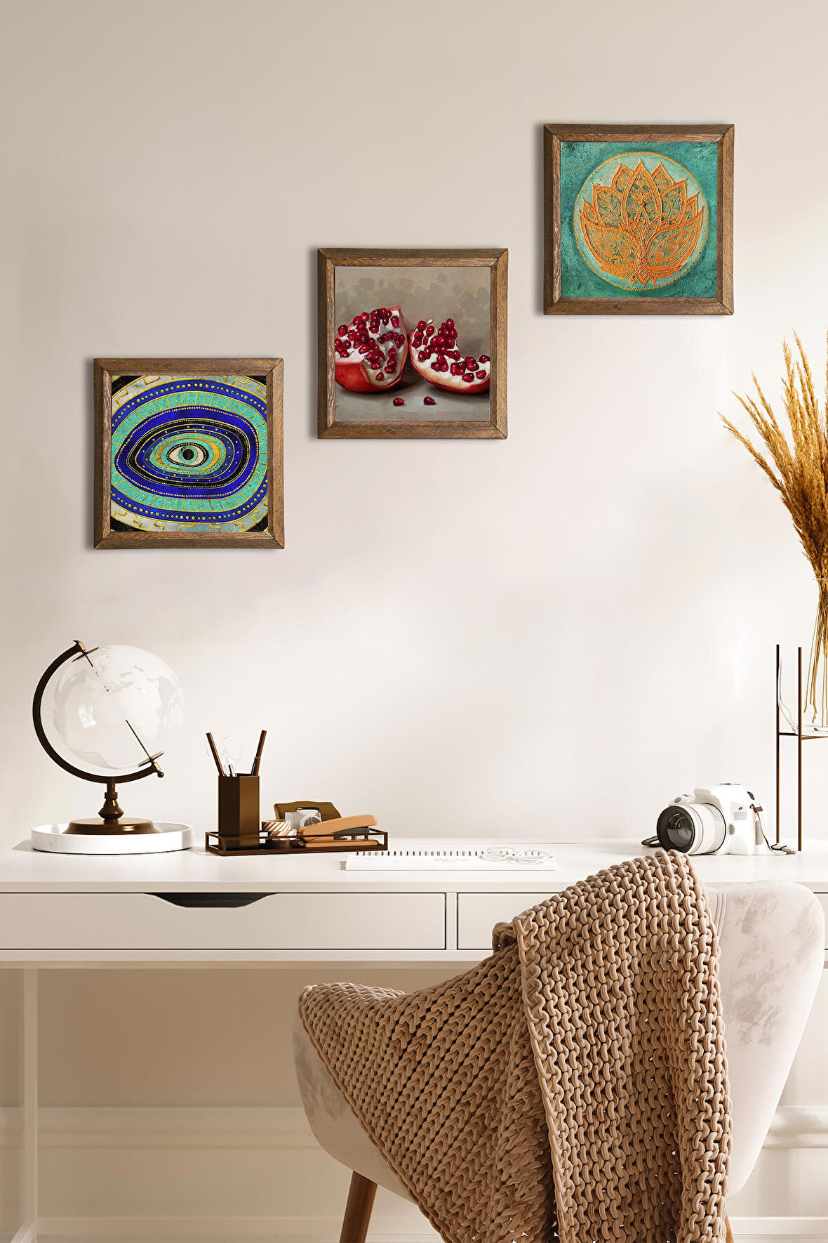 Nazar, Lotus Çiçeği, Nar Taş Duvar Tablosu Ahşap Çerçeveli Duvar Dekoru 3 Parça Tablo Seti Wall Art