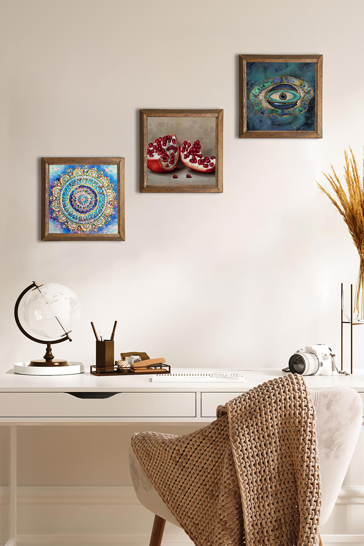 Mandala, Nazar, Nar Taş Duvar Tablosu Ahşap Çerçeveli Duvar Dekoru 3 Parça Tablo Seti Wall Art