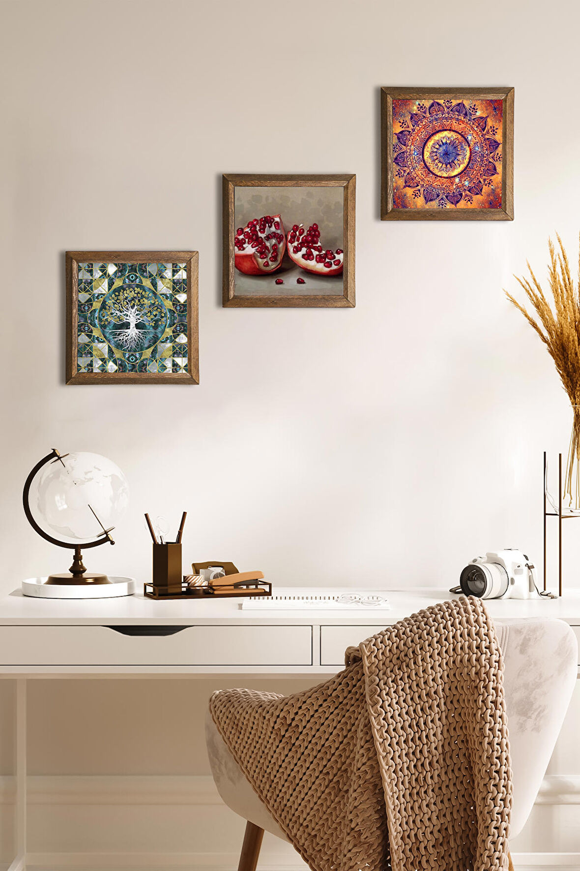 Hayat Ağacı, Mandala, Nar Taş Duvar Tablosu Ahşap Çerçeveli Duvar Dekoru 3 Parça Tablo Seti Wall Art
