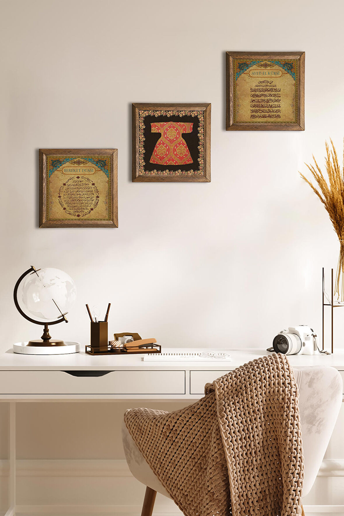 Hırka-i Şerif, Bereket Duası, Ayet-el Kürsi Taş Duvar Tablosu Ahşap Çerçeveli Duvar Dekoru 3 Parça Tablo Seti Wall Art