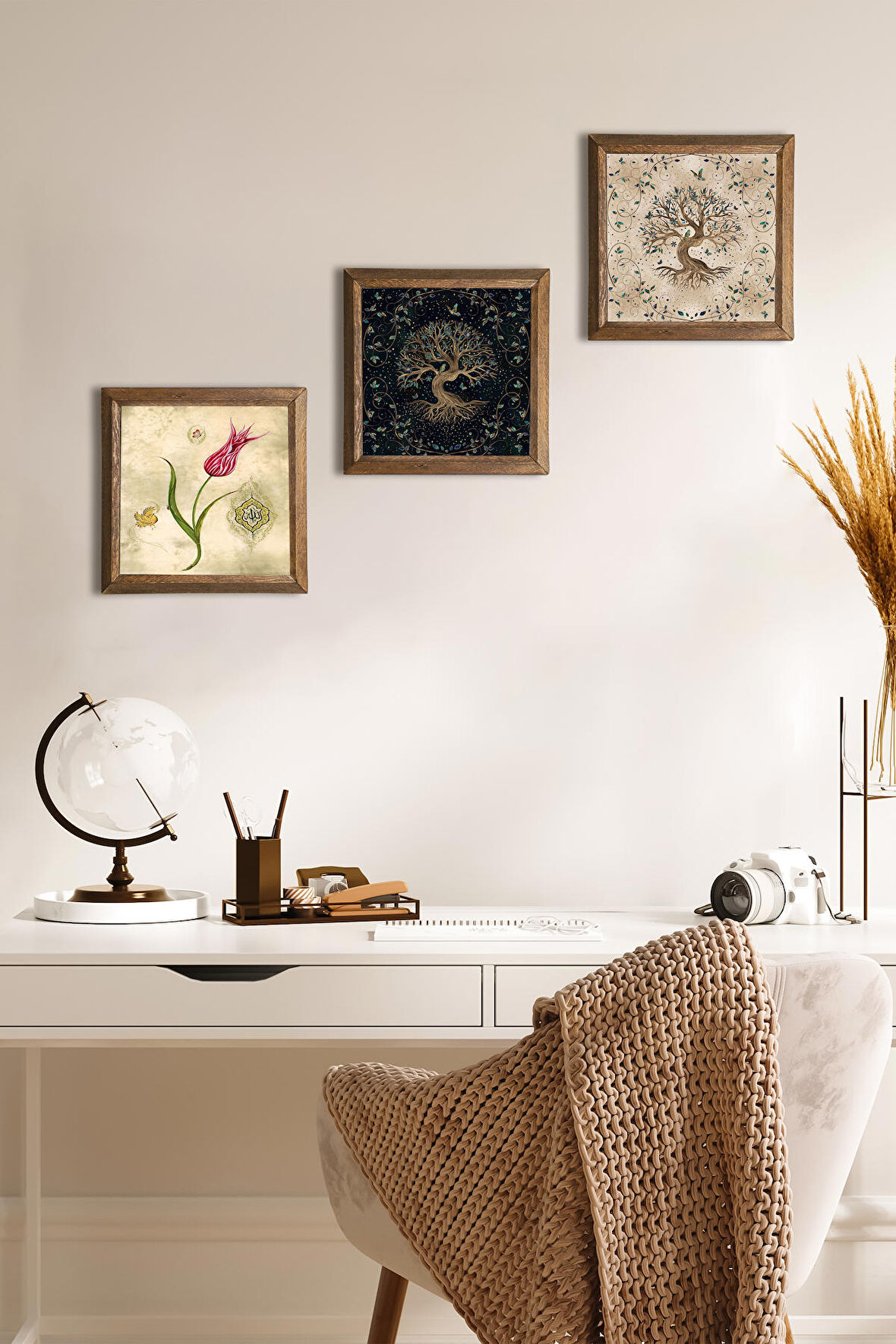 Lale Ebru Sanatı, Hayat Ağacı Taş Duvar Tablosu Ahşap Çerçeveli Duvar Dekoru 3 Parça Tablo Seti Wall Art