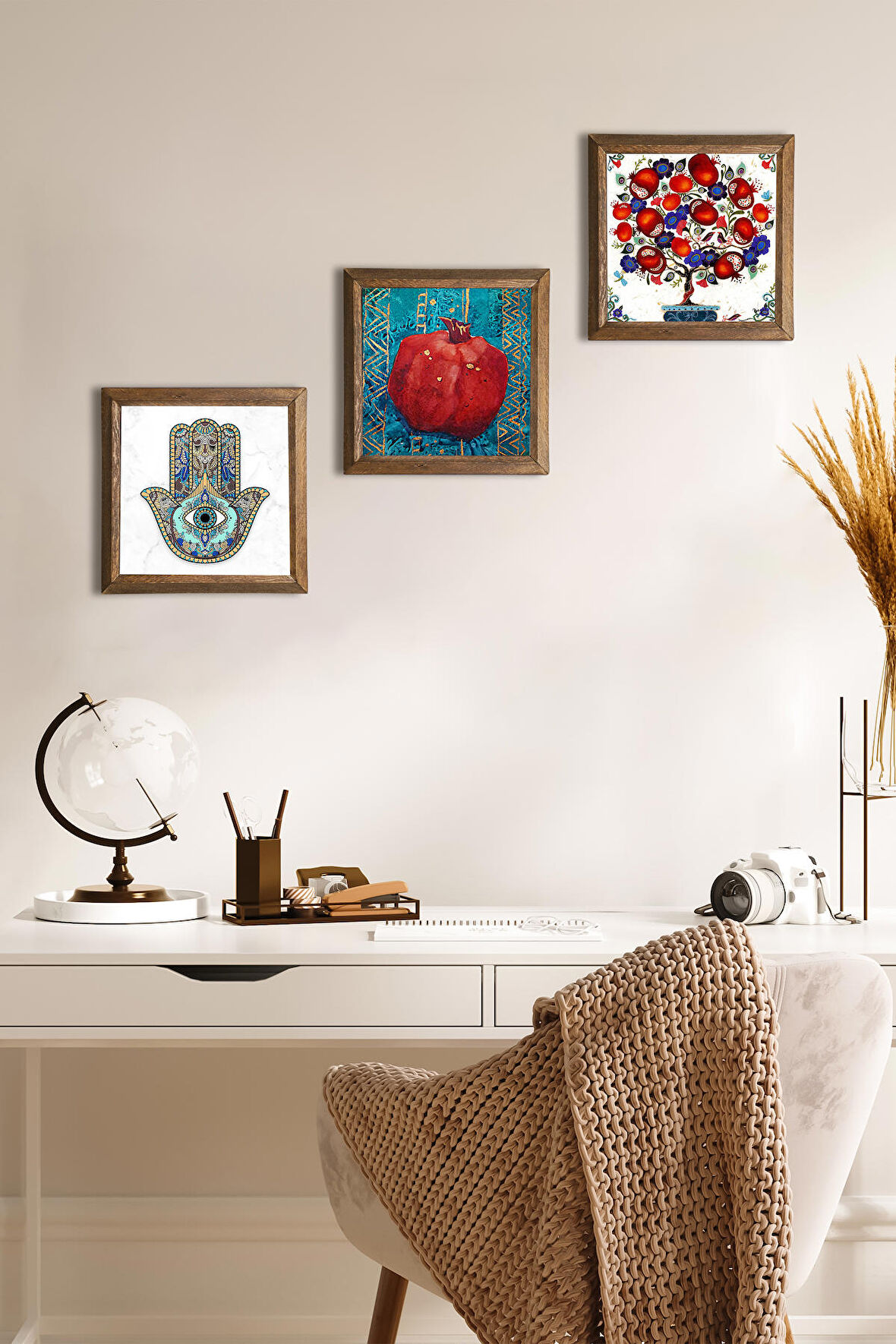 Nar Ağacı, Nar, Fatma Ana Eli (Hamsa) Taş Duvar Tablosu Ahşap Çerçeveli Duvar Dekoru 3 Parça Tablo Seti Wall Art