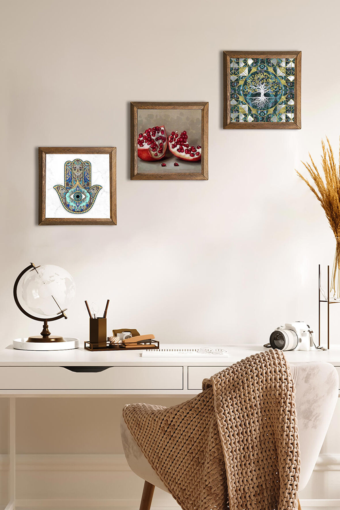 Hayat Ağacı, Nar, Fatma Ana Eli (Hamsa) Taş Duvar Tablosu Ahşap Çerçeveli Duvar Dekoru 3 Parça Tablo Seti Wall Art