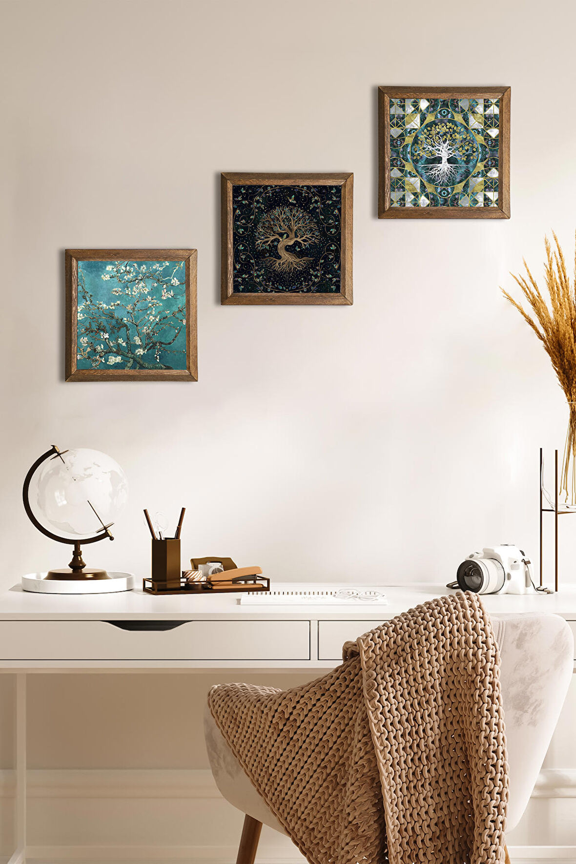 Hayat Ağacı, Van Gogh Badem Ağacı Taş Duvar Tablosu Ahşap Çerçeveli Duvar Dekoru 3 Parça Tablo Seti Wall Art