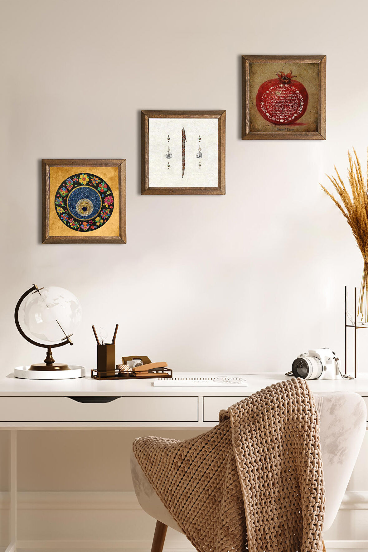 Elif, Nazar, Bereket Duası Taş Duvar Tablosu Ahşap Çerçeveli Duvar Dekoru 3 Parça Tablo Seti Wall Art
