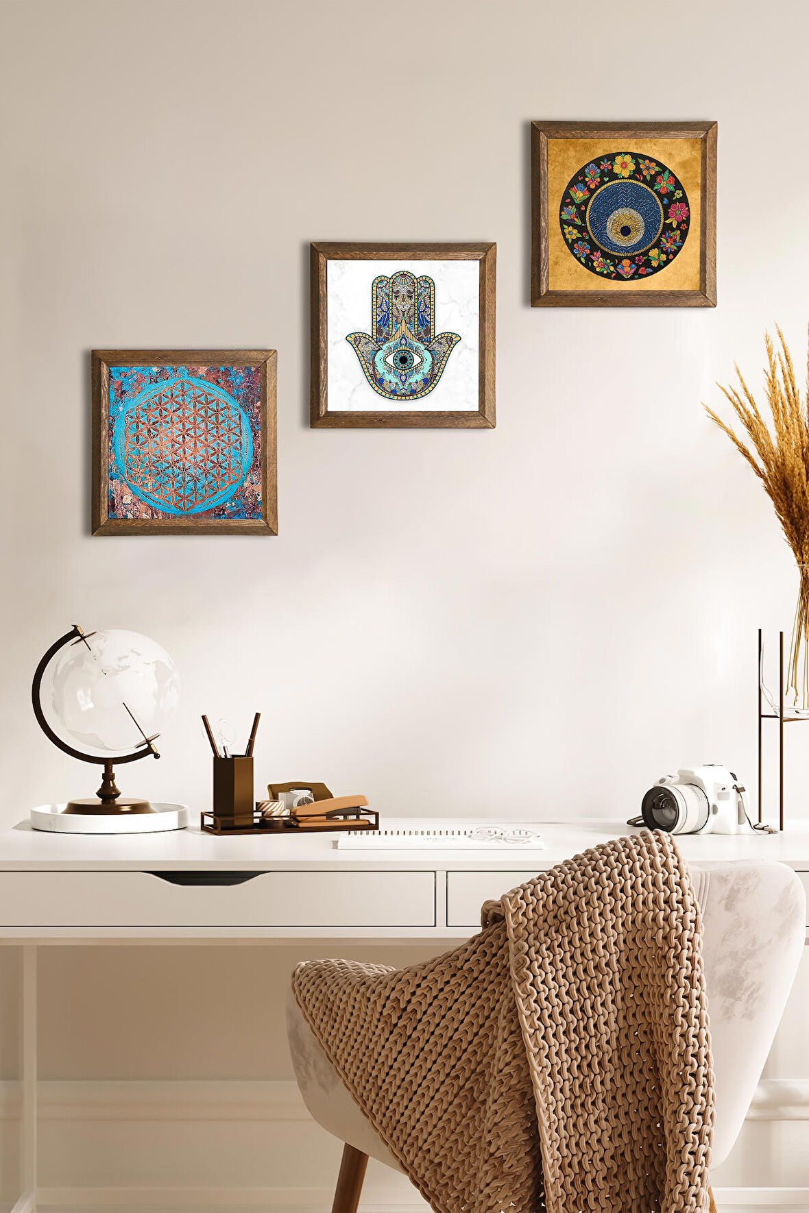 Yaşam Çiçeği, Nazar Boncuğu, Fatma Ana Eli (Hamsa) Taş Duvar Tablosu Ahşap Çerçeveli Duvar Dekoru 3 Parça Tablo Seti Wall Art
