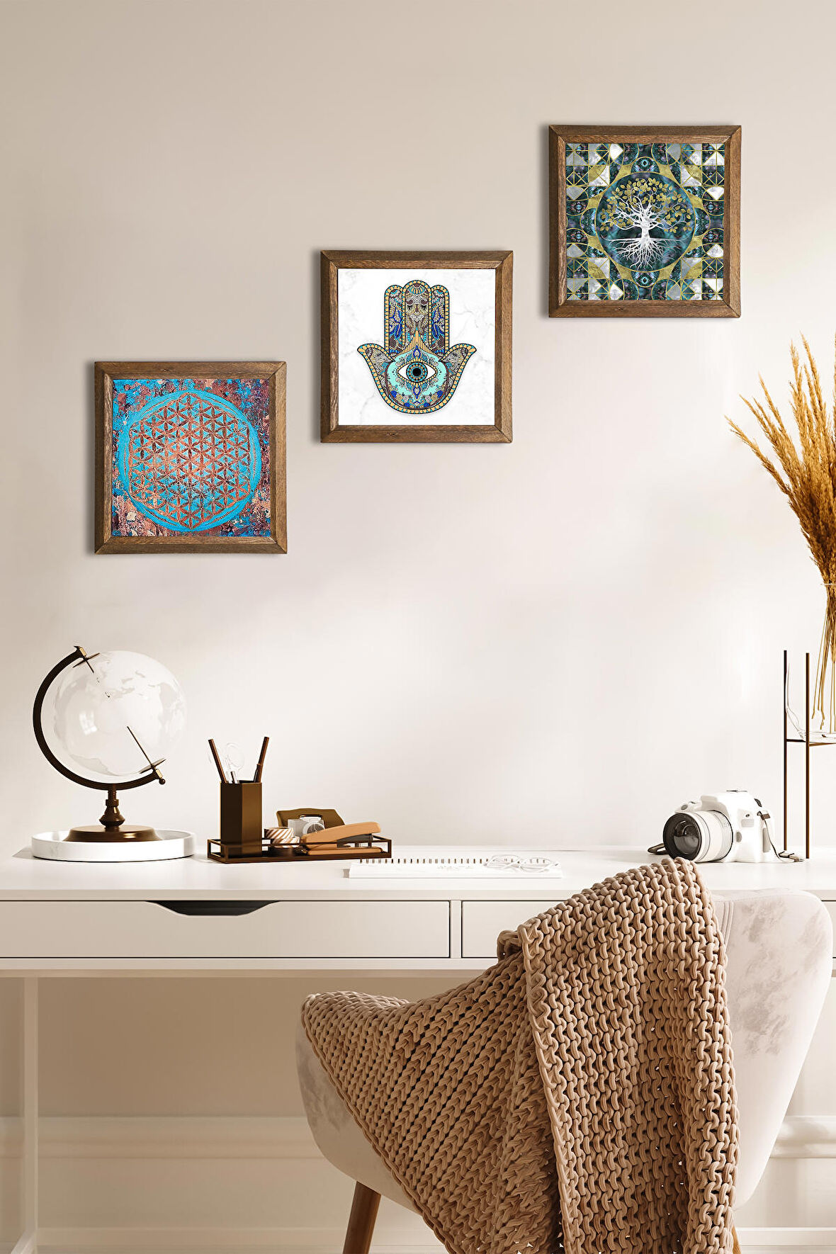 Hayat Ağacı, Yaşam Çiçeği, Fatma Ana Eli (Hamsa) Taş Duvar Tablosu Ahşap Çerçeveli Duvar Dekoru 3 Parça Tablo Seti Wall Art