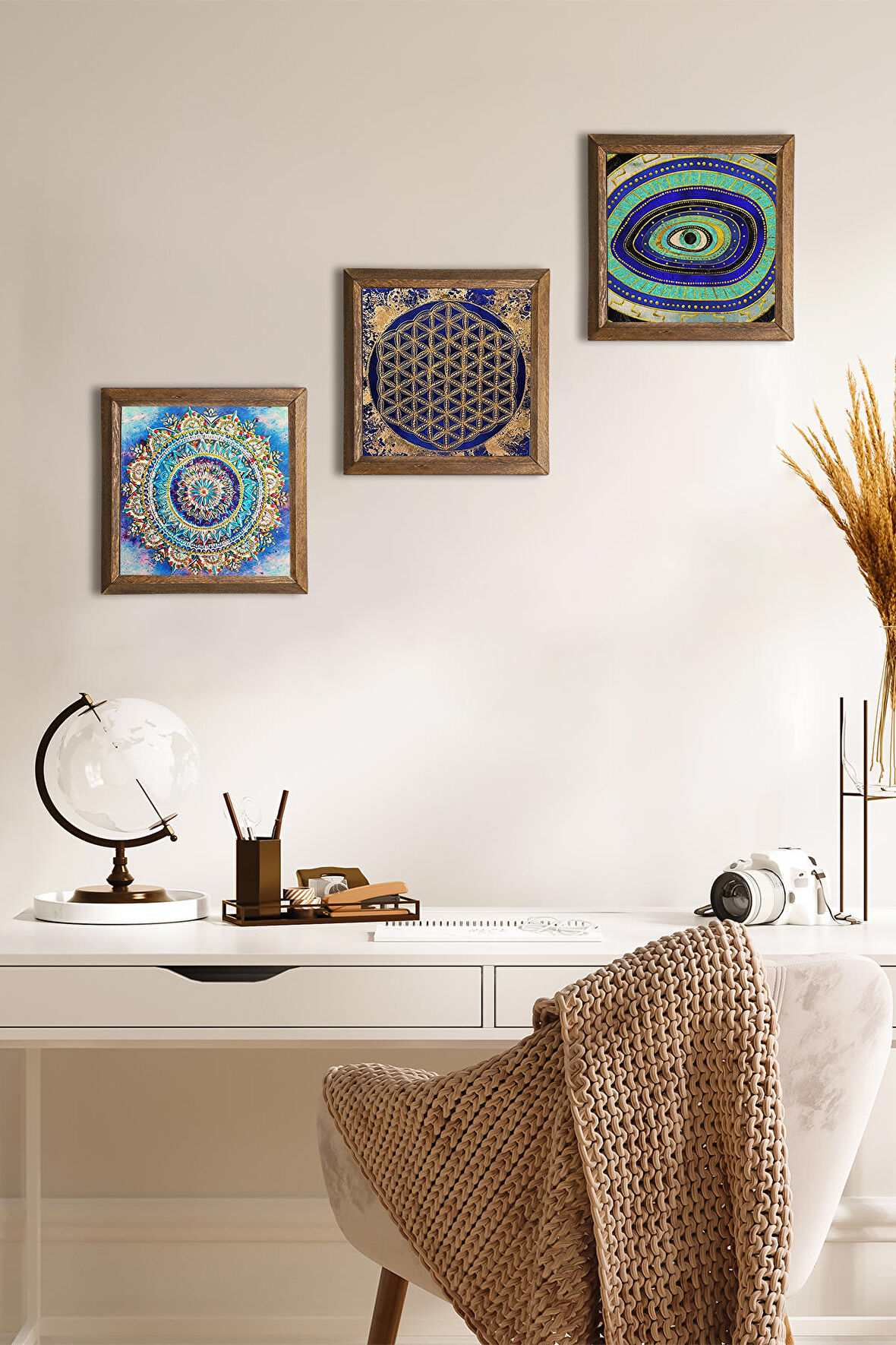 Mandala, Nazar, Yaşam Çiçeği Taş Duvar Tablosu Ahşap Çerçeveli Duvar Dekoru 3 Parça Tablo Seti Wall Art