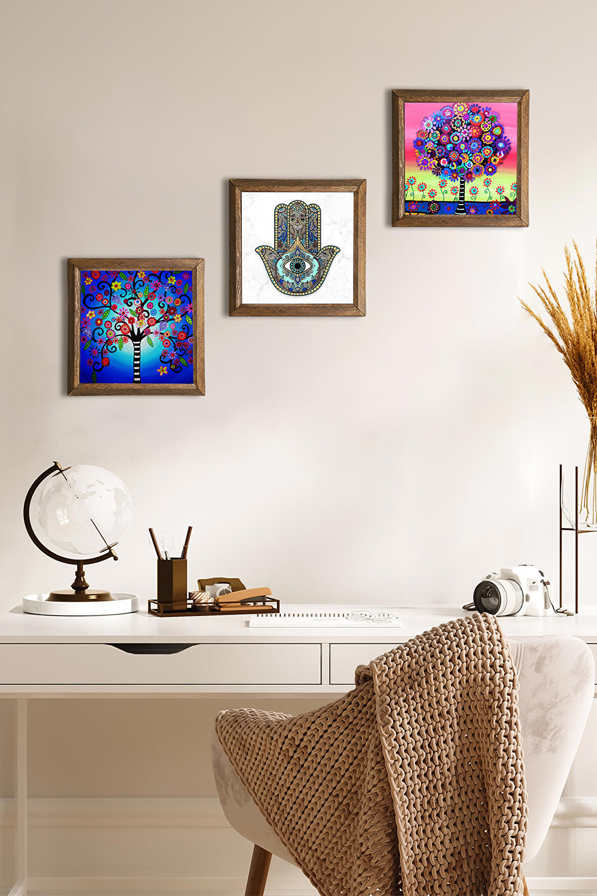 Hayat Ağacı, Hayat Ağacı, Fatma Ana Eli (Hamsa) Taş Duvar Tablosu Ahşap Çerçeveli Duvar Dekoru 3 Parça Tablo Seti Wall Art
