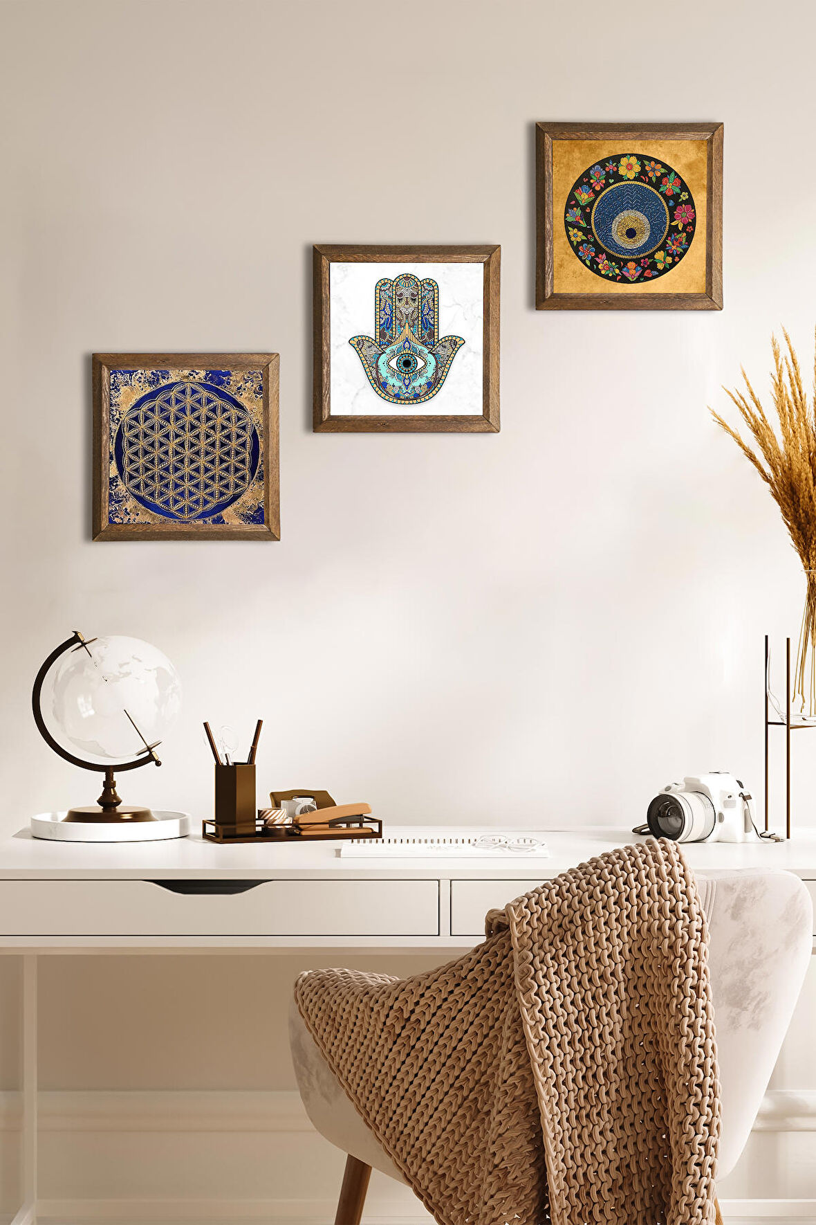 Yaşam Çiçeği, Nazar Boncuğu, Fatma Ana Eli (Hamsa) Taş Duvar Tablosu Ahşap Çerçeveli Duvar Dekoru 3 Parça Tablo Seti Wall Art