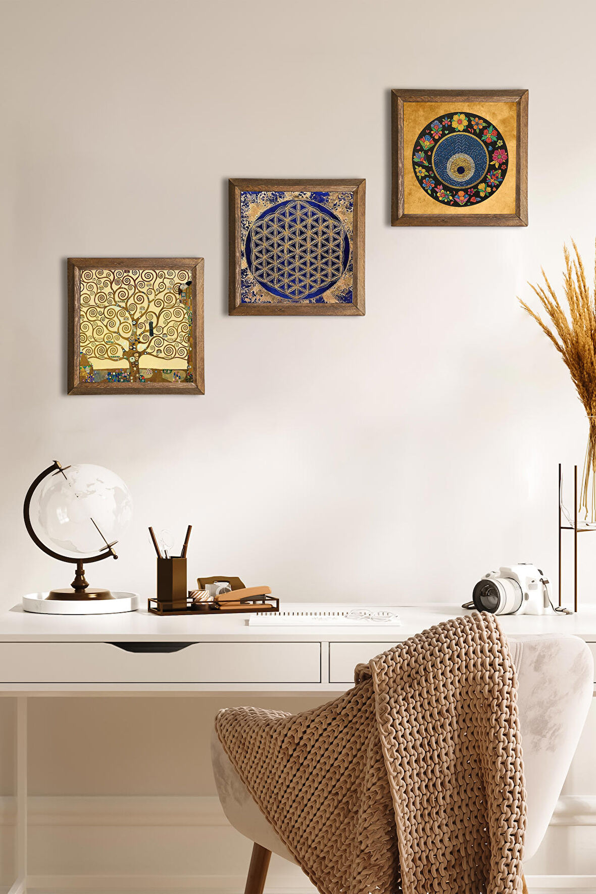 Yaşam Çiçeği, Nazar Boncuğu, Gustav Klimt Hayat Ağacı Taş Duvar Tablosu Ahşap Çerçeveli Duvar Dekoru 3 Parça Tablo Seti Wall Art