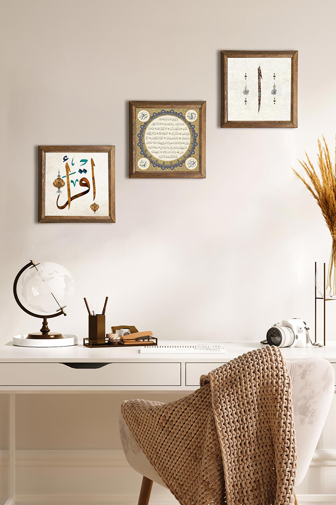 Elif, İlk Ayet 'Oku', Hilye-i Şerif Taş Duvar Tablosu Ahşap Çerçeveli Duvar Dekoru 3 Parça Tablo Seti Wall Art