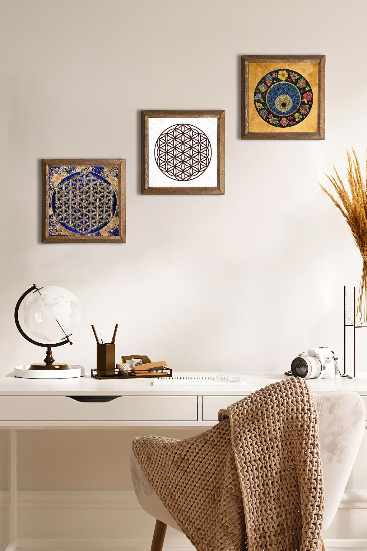 Yaşam Çiçeği, Nazar Boncuğu Taş Duvar Tablosu Ahşap Çerçeveli Duvar Dekoru 3 Parça Tablo Seti Wall Art