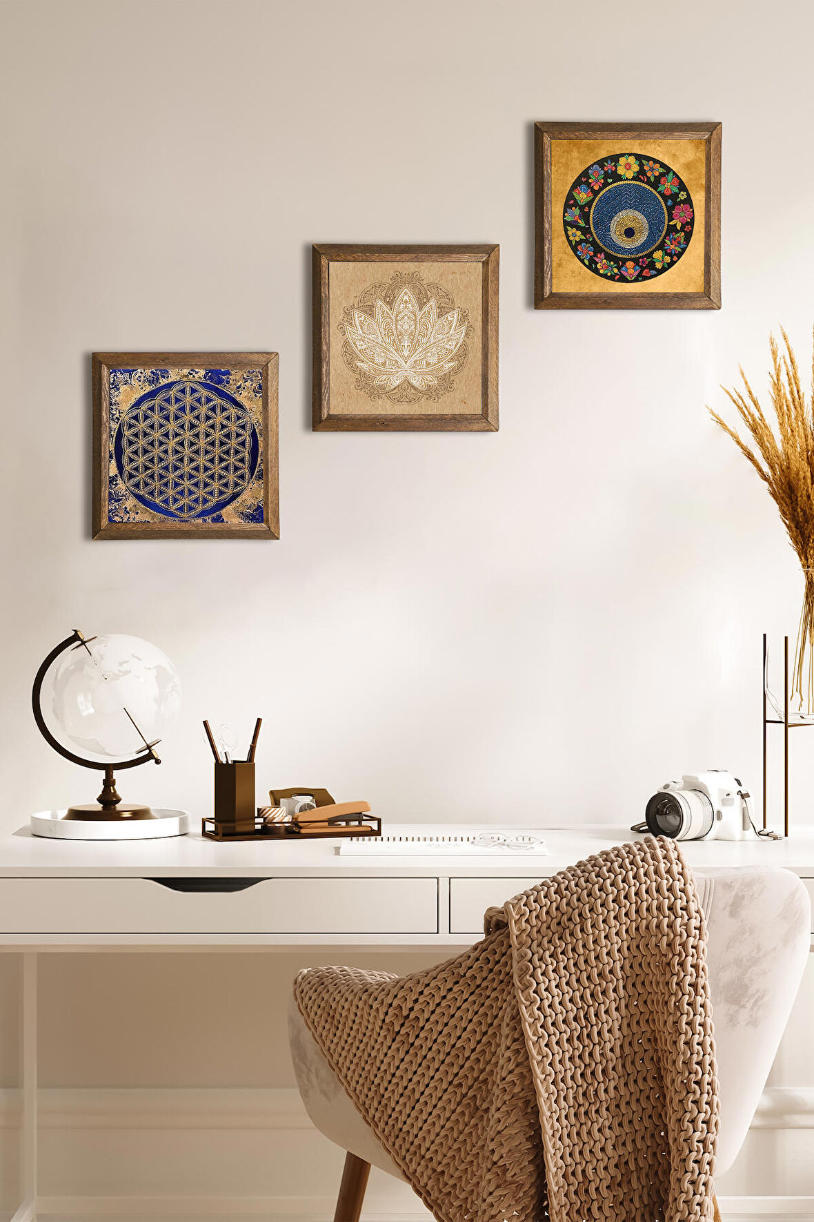 Lotus Çiçeği, Yaşam Çiçeği, Nazar Taş Duvar Tablosu Ahşap Çerçeveli Duvar Dekoru 3 Parça Tablo Seti Wall Art