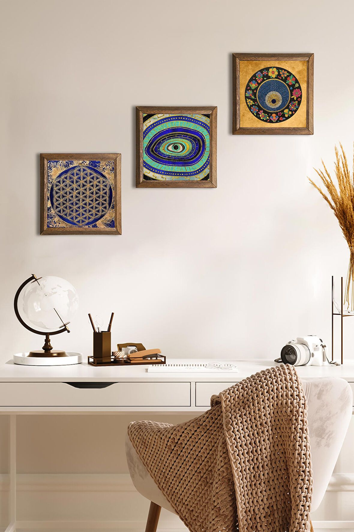 Nazar, Yaşam Çiçeği Taş Duvar Tablosu Ahşap Çerçeveli Duvar Dekoru 3 Parça Tablo Seti Wall Art