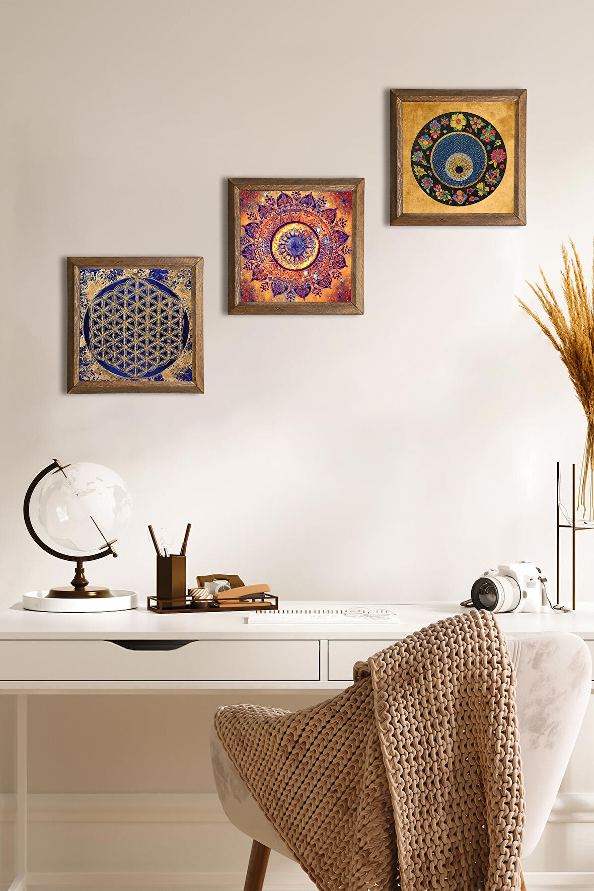 Mandala, Yaşam Çiçeği, Nazar Taş Duvar Tablosu Ahşap Çerçeveli Duvar Dekoru 3 Parça Tablo Seti Wall Art