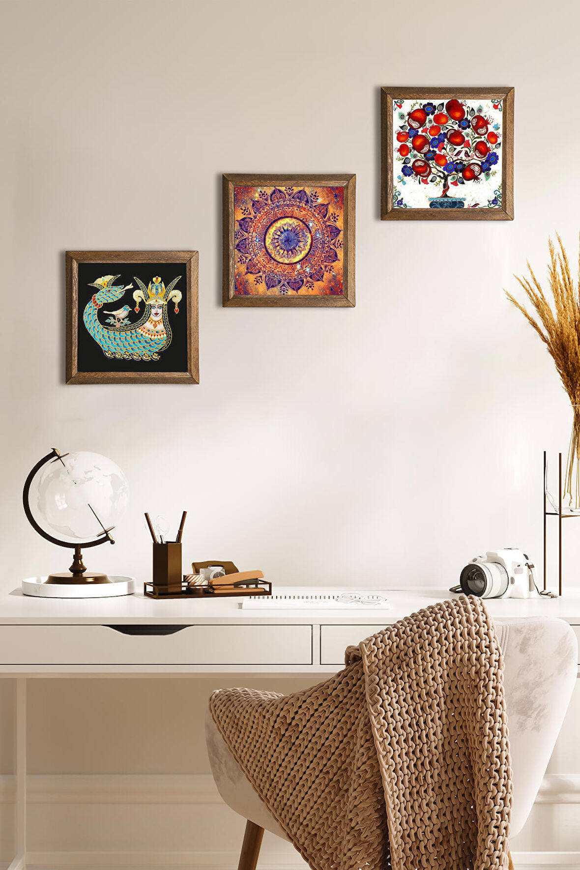 Mandala, Şahmeran, Nar Ağacı Taş Duvar Tablosu Ahşap Çerçeveli Duvar Dekoru 3 Parça Tablo Seti Wall Art