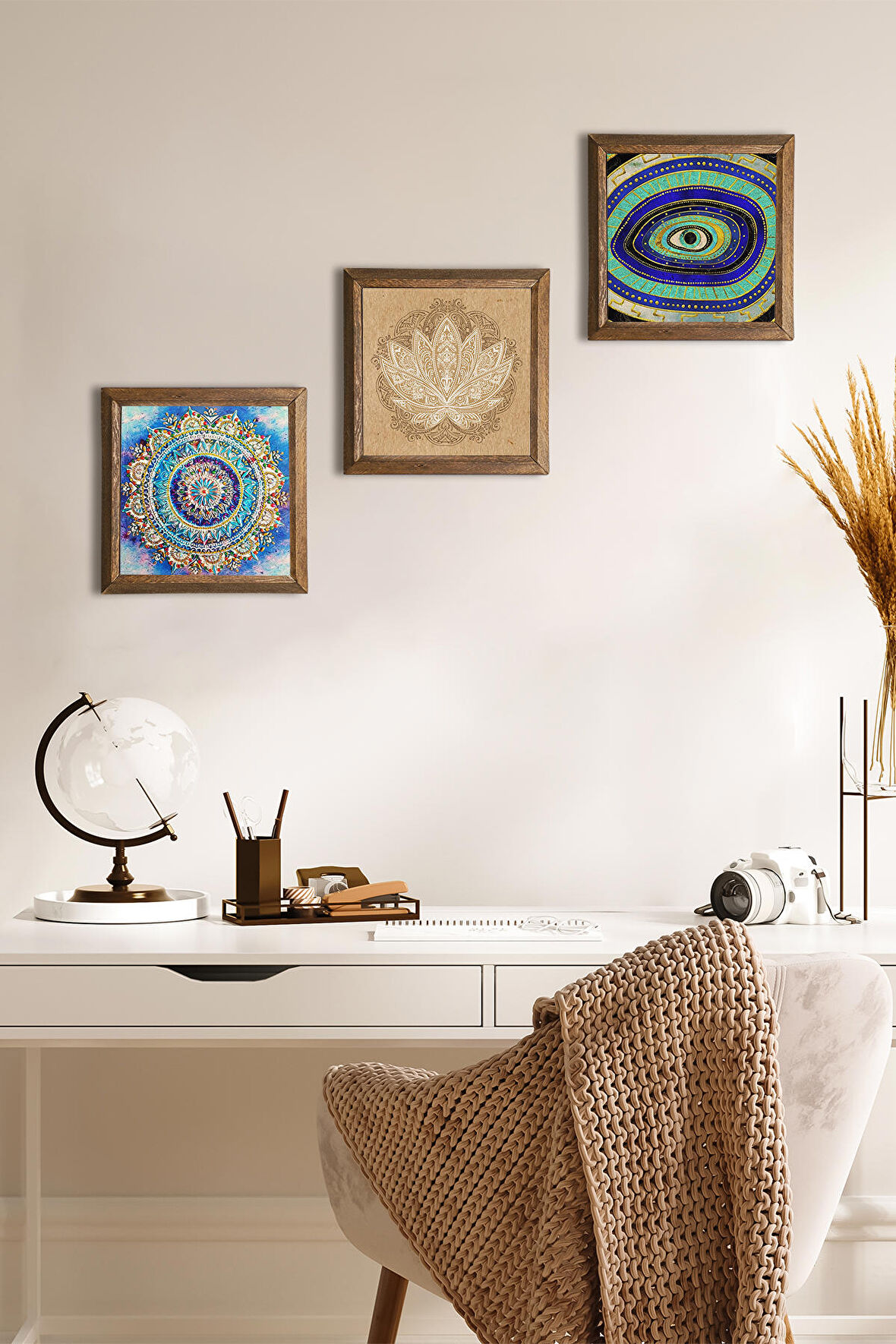 Mandala, Nazar, Lotus Çiçeği Taş Duvar Tablosu Ahşap Çerçeveli Duvar Dekoru 3 Parça Tablo Seti Wall Art