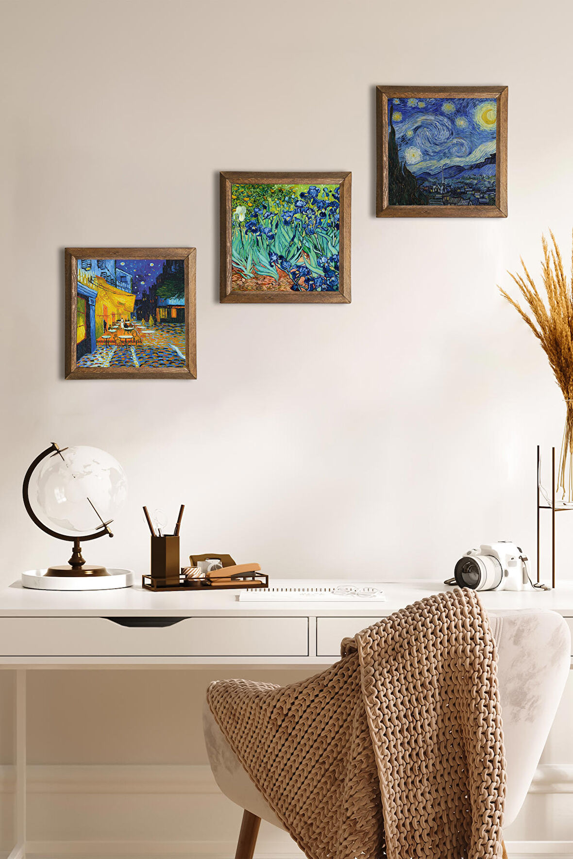 Van Gogh Kafe Terasta Gece, İrisler, Yıldızlı Gece Taş Duvar Tablosu Ahşap Çerçeveli Duvar Dekoru 3 Parça Tablo Seti Wall Art