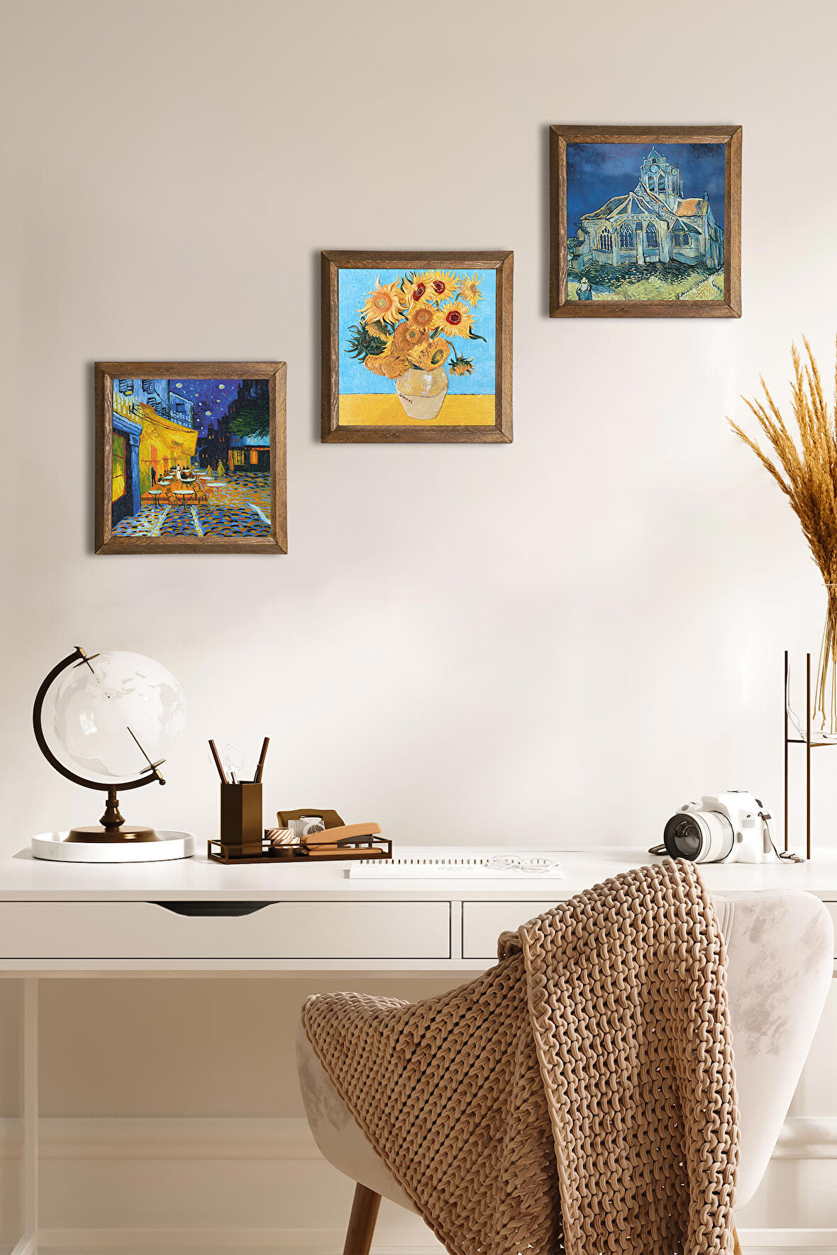 Van Gogh Kilise, Kafe Terasta Gece, On İki Ayçiçekli Vazo Taş Duvar Tablosu Ahşap Çerçeveli Duvar Dekoru 3 Parça Tablo Seti Wall Art