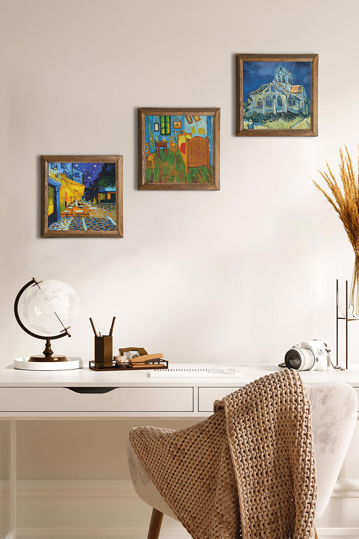 Van Gogh Kilise, Yatak Odası, Kafe Terasta Gece Taş Duvar Tablosu Ahşap Çerçeveli Duvar Dekoru 3 Parça Tablo Seti Wall Art