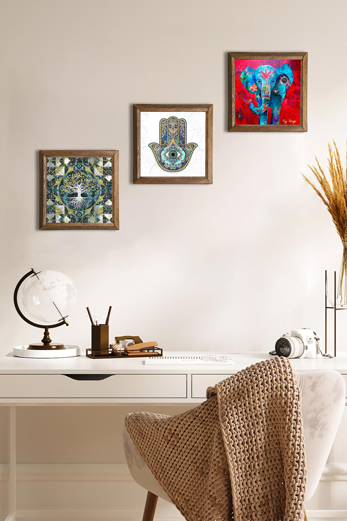 Hayat Ağacı, Fil, Fatma Ana Eli (Hamsa) Taş Duvar Tablosu Ahşap Çerçeveli Duvar Dekoru 3 Parça Tablo Seti Wall Art