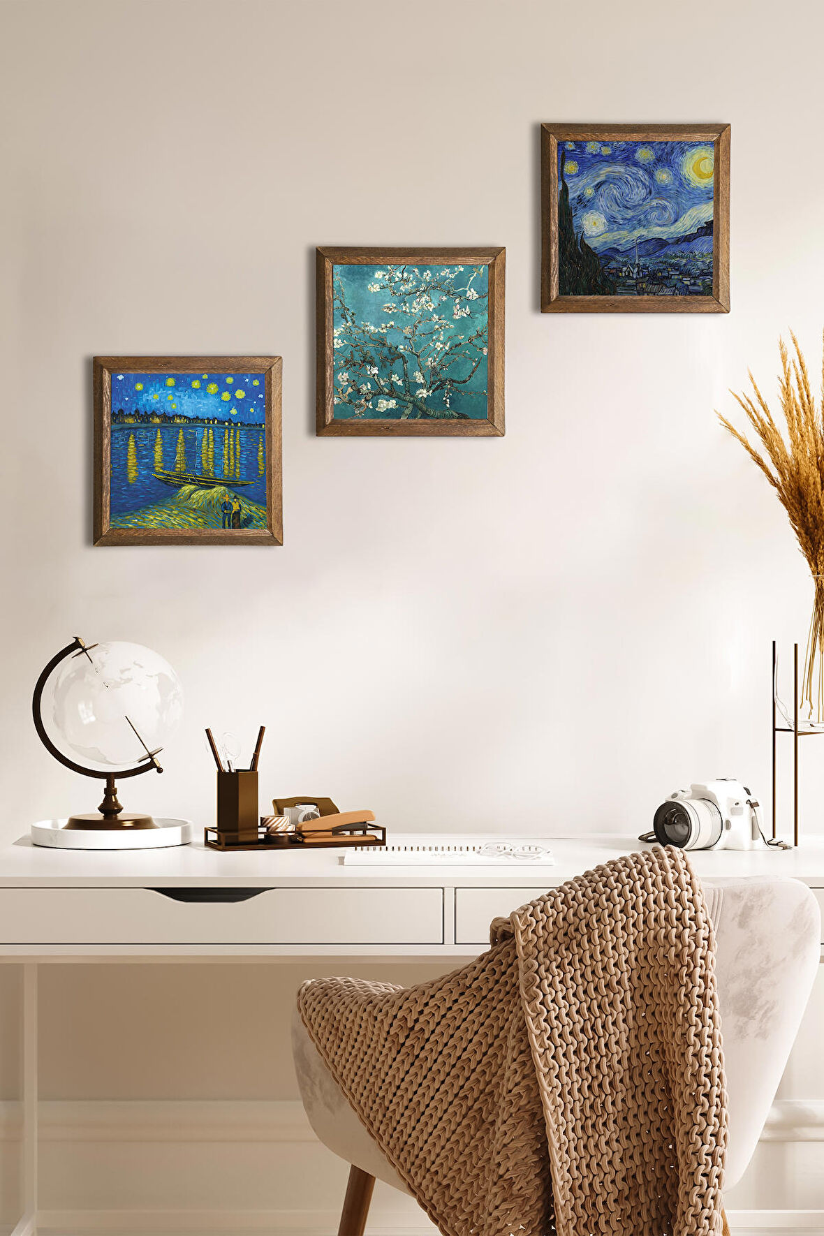 Van Gogh Ren Nehri, Yıldızlı Gece, Badem Ağacı Taş Duvar Tablosu Ahşap Çerçeveli Duvar Dekoru 3 Parça Tablo Seti Wall Art