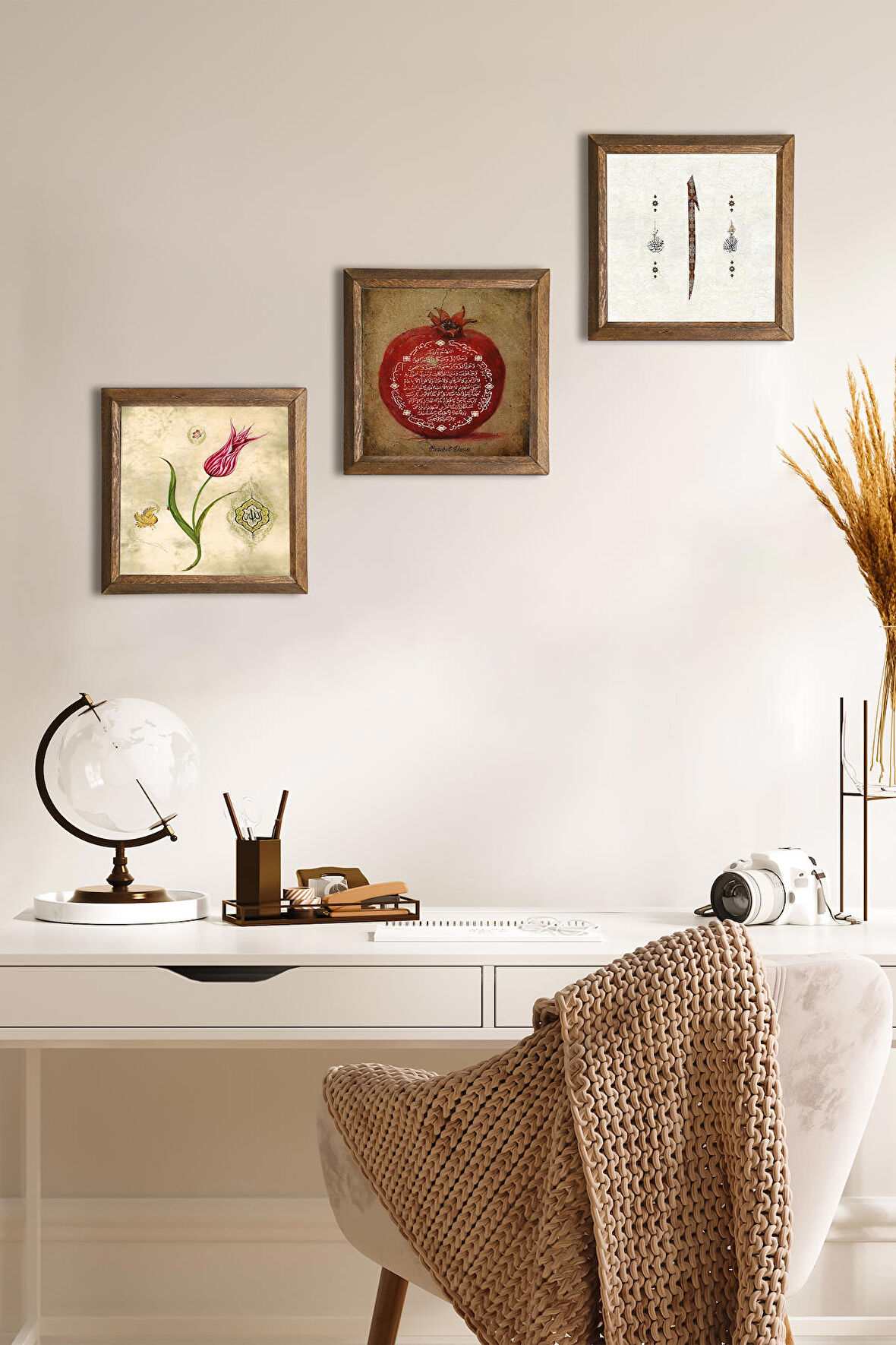 Lale Ebru Sanatı, Elif, Bereket Duası Taş Duvar Tablosu Ahşap Çerçeveli Duvar Dekoru 3 Parça Tablo Seti Wall Art