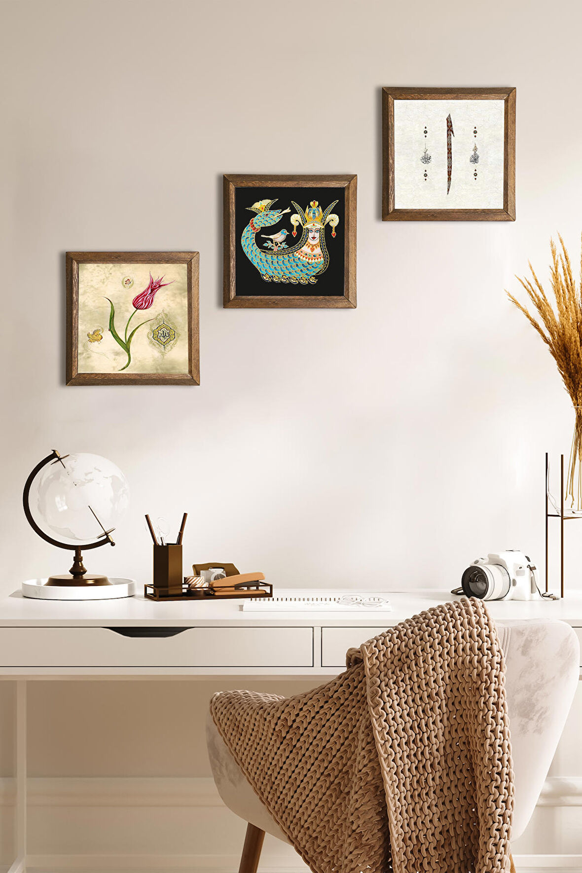 Lale Ebru Sanatı, Elif, Şahmeran Taş Duvar Tablosu Ahşap Çerçeveli Duvar Dekoru 3 Parça Tablo Seti Wall Art