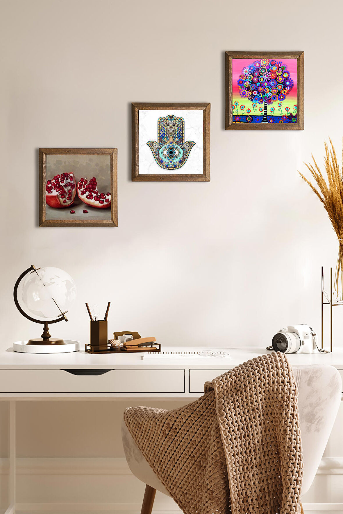 Karla Gerard Hayat Ağacı, Nar, Fatma Ana Eli (Hamsa) Taş Duvar Tablosu Ahşap Çerçeveli Duvar Dekoru 3 Parça Tablo Seti Wall Art