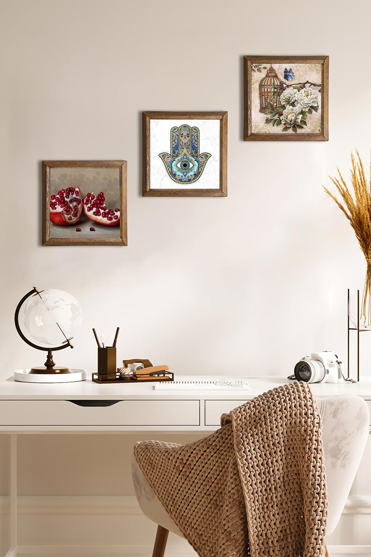Kelebekli Çiçek, Nar, Fatma Ana Eli (Hamsa) Taş Duvar Tablosu Ahşap Çerçeveli Duvar Dekoru 3 Parça Tablo Seti Wall Art