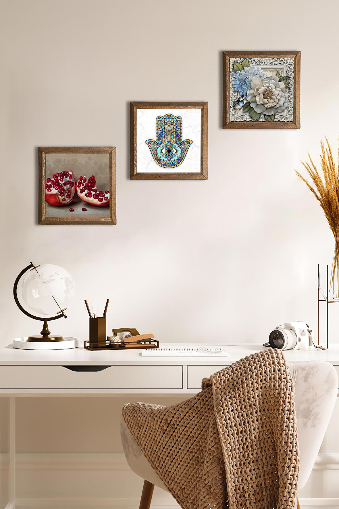 Kelebekli Çiçek, Nar, Fatma Ana Eli (Hamsa) Taş Duvar Tablosu Ahşap Çerçeveli Duvar Dekoru 3 Parça Tablo Seti Wall Art
