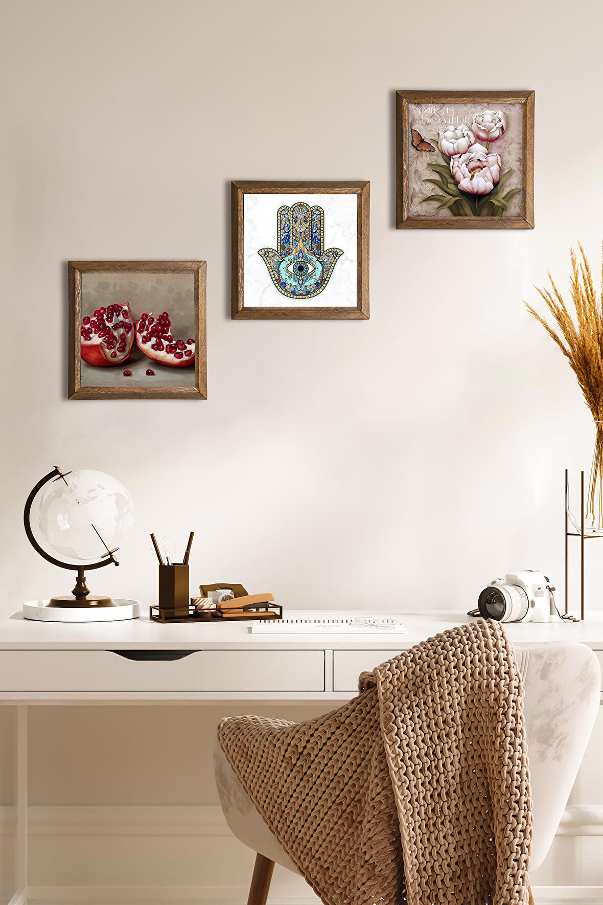 Kelebekli Çiçek, Nar, Fatma Ana Eli (Hamsa) Taş Duvar Tablosu Ahşap Çerçeveli Duvar Dekoru 3 Parça Tablo Seti Wall Art