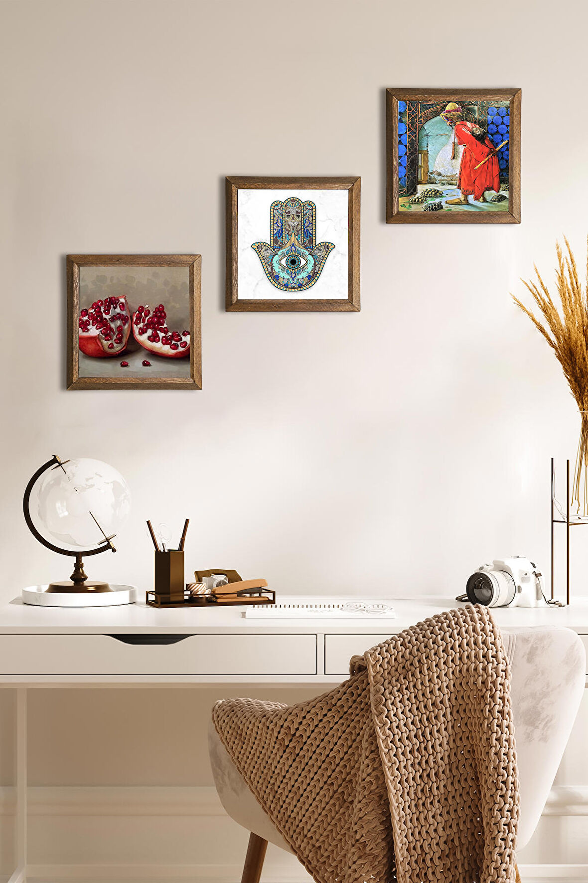 Kaplumbağa Terbiyecisi, Nar, Fatma Ana Eli (Hamsa) Taş Duvar Tablosu Ahşap Çerçeveli Duvar Dekoru 3 Parça Tablo Seti Wall Art