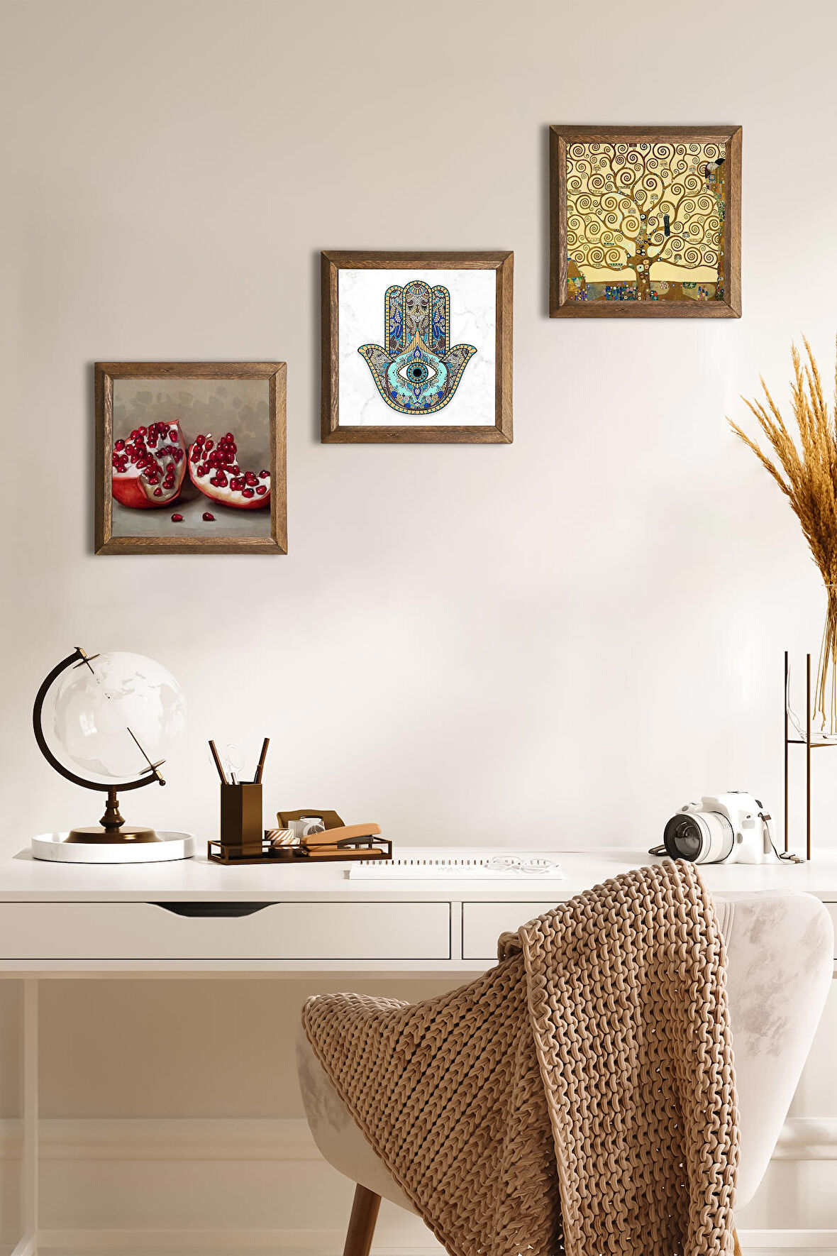 Gustav Klimt Hayat Ağacı, Nar, Fatma Ana Eli (Hamsa) Taş Duvar Tablosu Ahşap Çerçeveli Duvar Dekoru 3 Parça Tablo Seti Wall Art