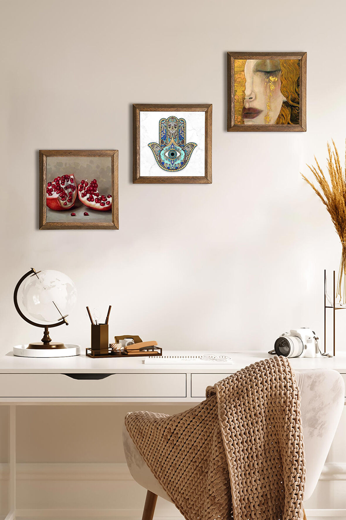 Gustav Klimt Altın Gözyaşları, Nar, Fatma Ana Eli (Hamsa) Taş Duvar Tablosu Ahşap Çerçeveli Duvar Dekoru 3 Parça Tablo Seti Wall Art
